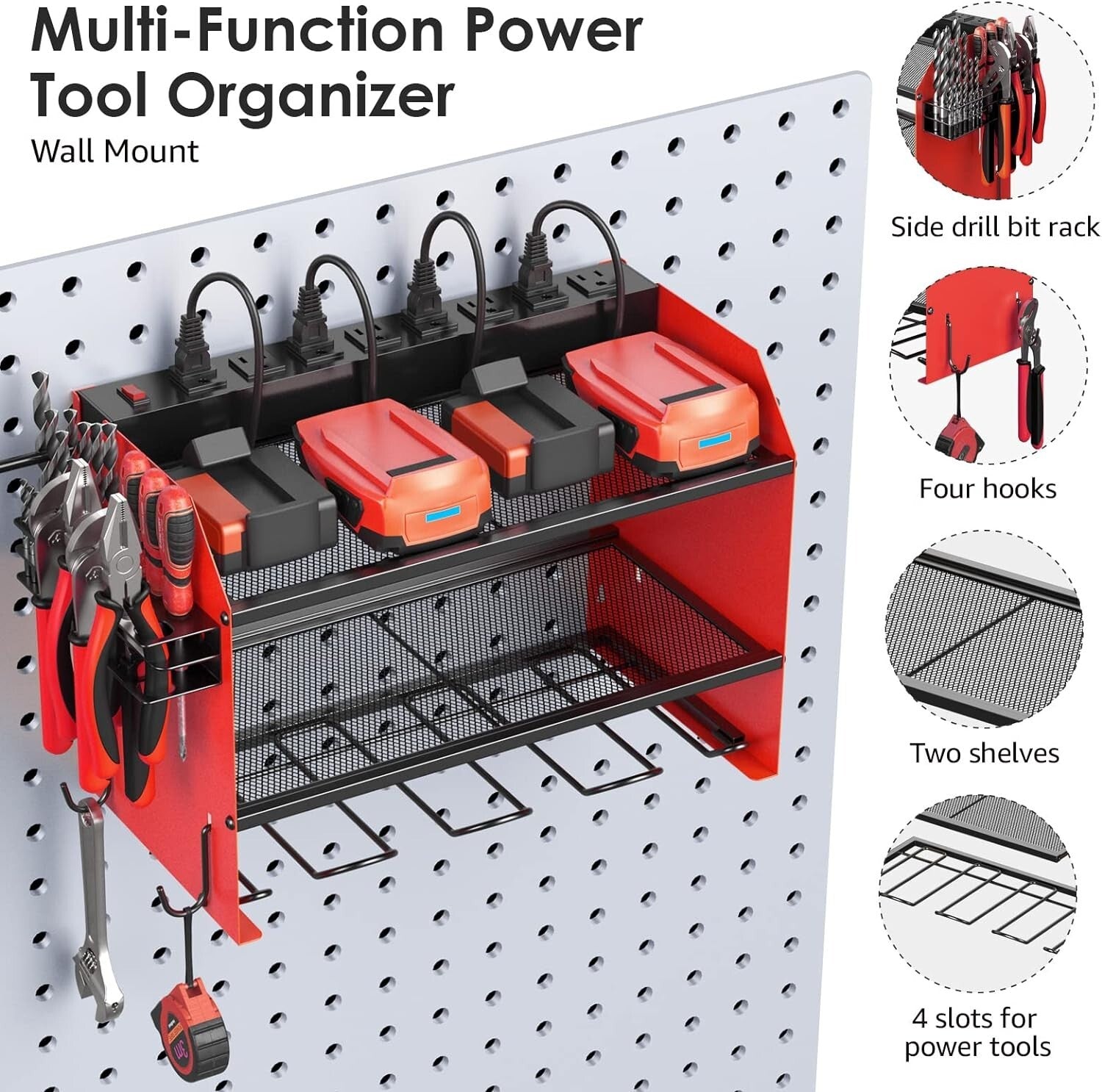 Dual-Tier Power Tool Storage Shelf w/ Surge Protector & Built-in Battery Holder