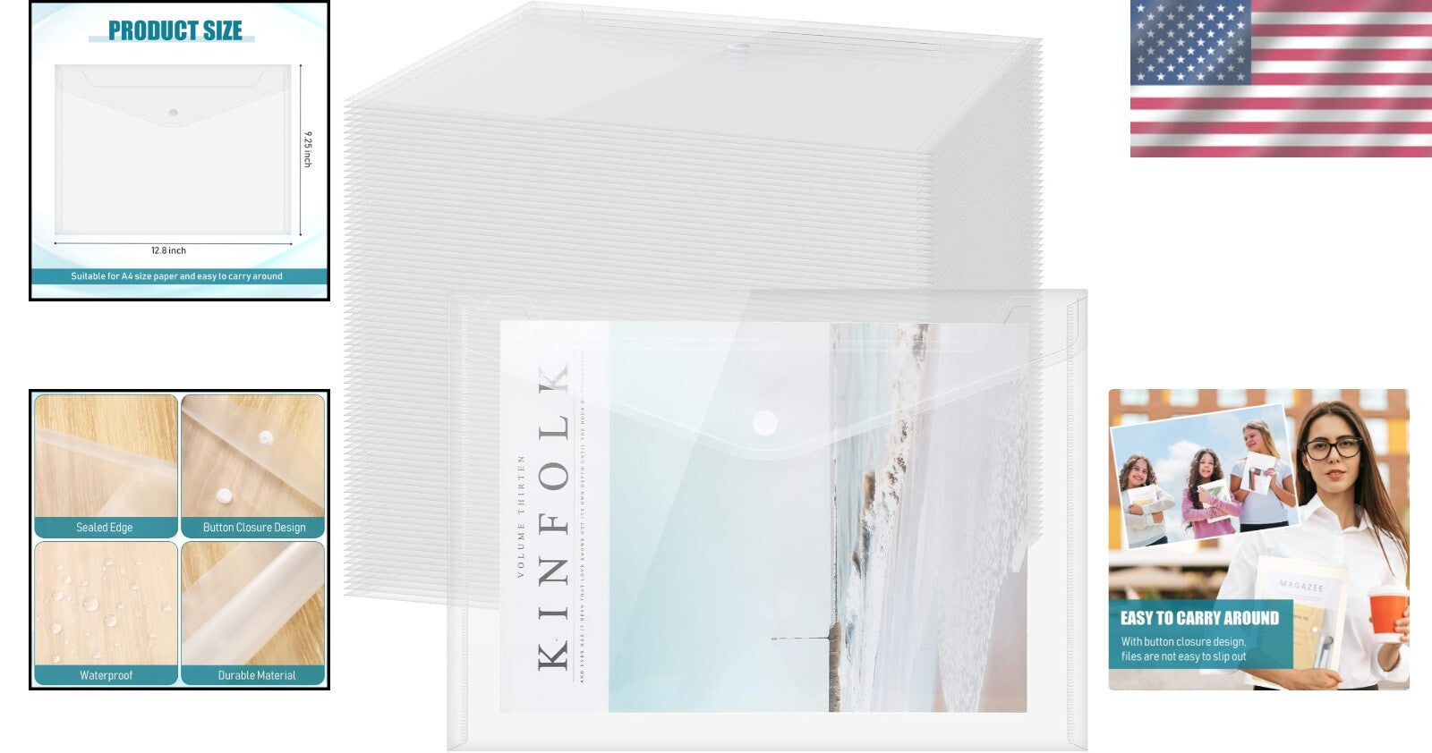 100 Lightweight A4 Clear Document Envelopes - Snap Button Closure for Security