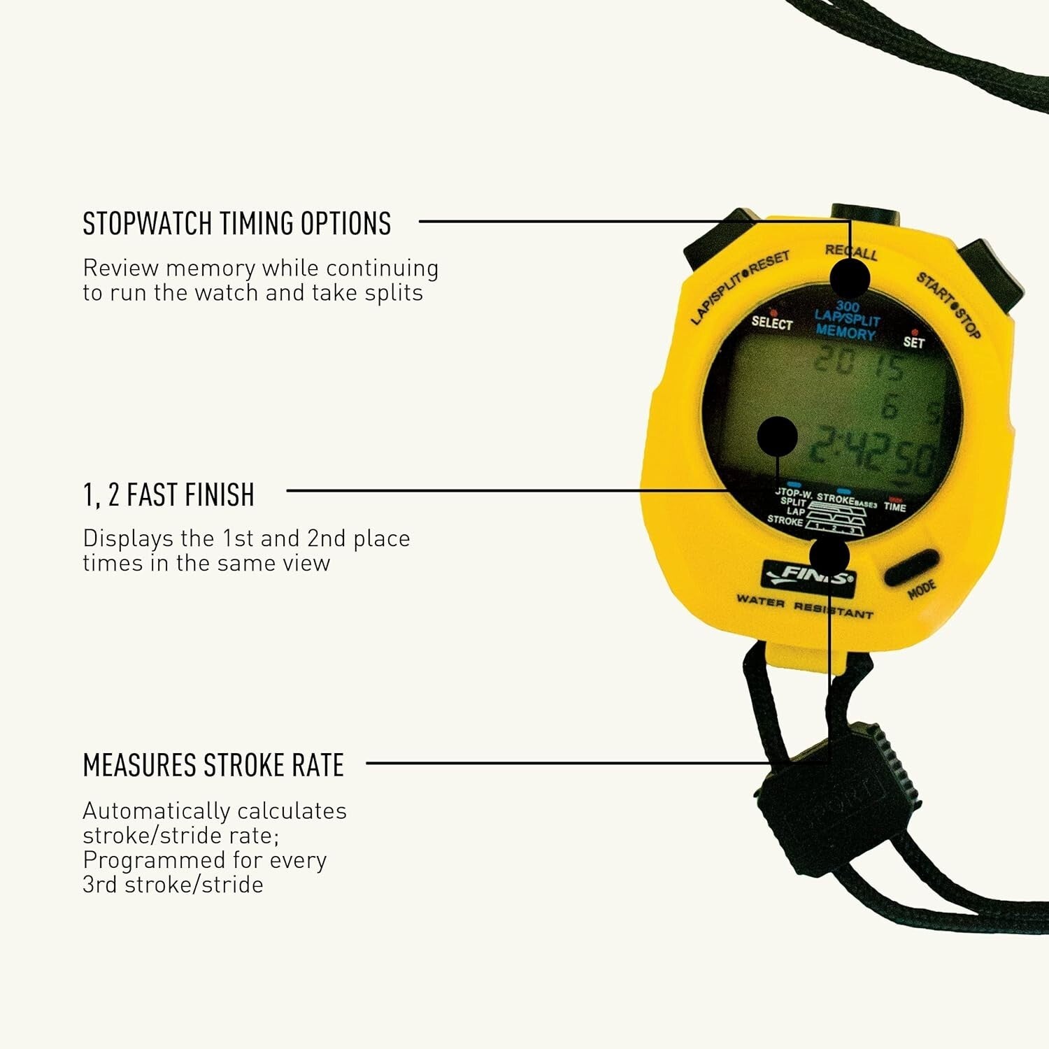 Precision Swimming Stopwatch - Waterproof, 3x300 Memory & Stroke Rate Mode