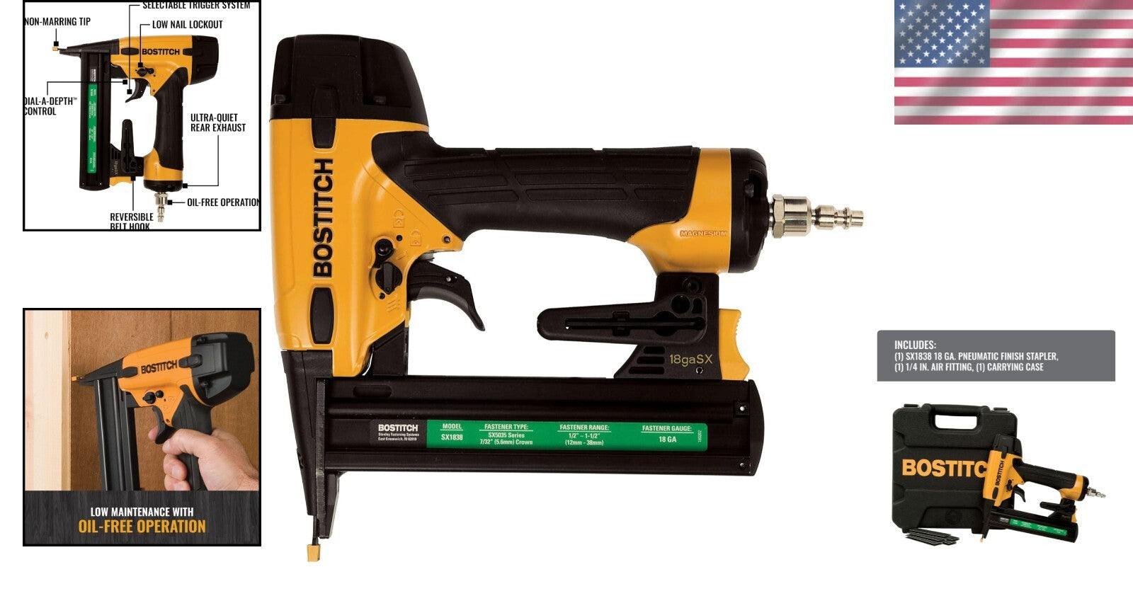 Versatile 18-Gauge Narrow Crown Stapler Kit - Oil-Free & Lightweight Design