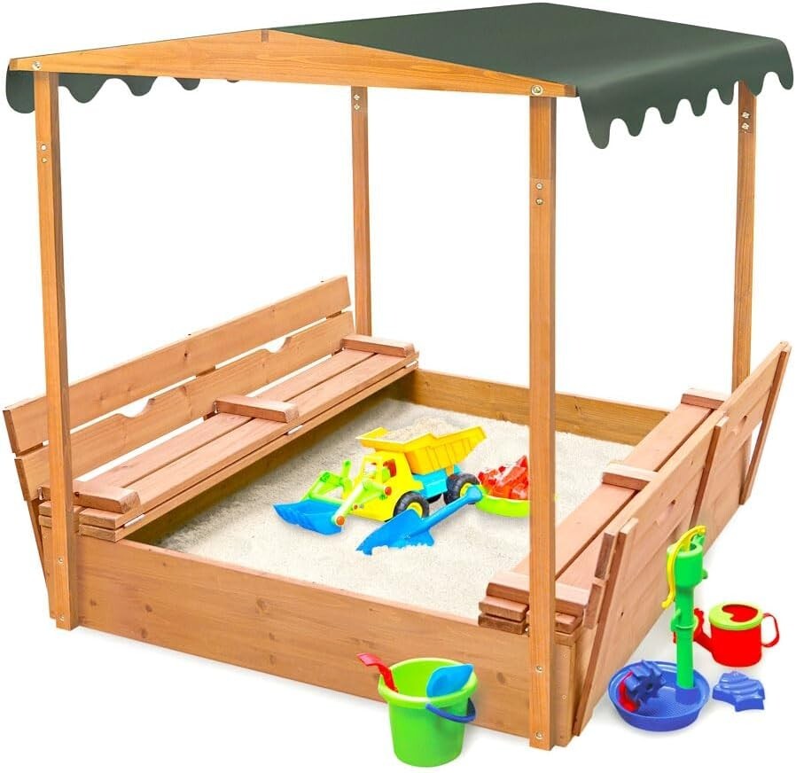 Fun Convertible Cedar Sandbox with Easy-Setup Canopy and Bench Seating - 46.5"