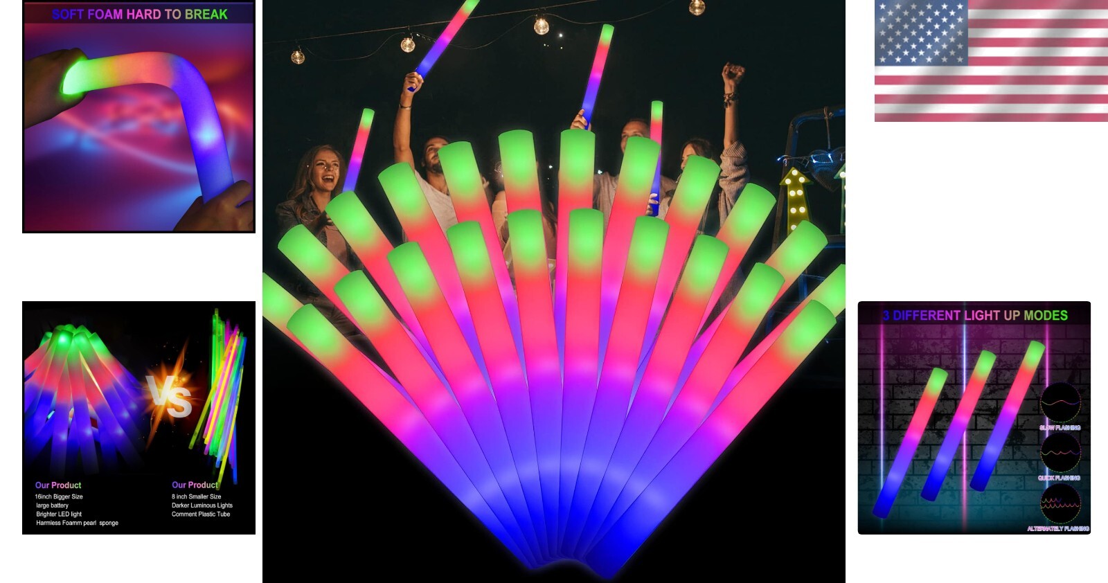 42 Pack LED Foam Glow Sticks - Three Flashing Modes for Unforgettable Parties