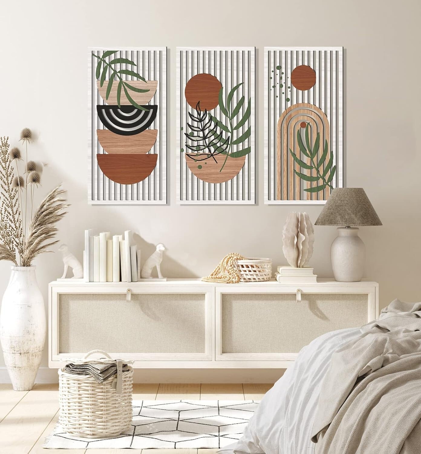 Mid Century Modern Hollow Wooden Wall Art Set - Sun, Moon, Plant Decor (32"x16")