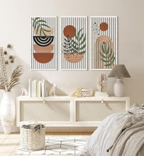 Load image into Gallery viewer, Mid Century Modern Hollow Wooden Wall Art Set - Sun, Moon, Plant Decor (32"x16")
