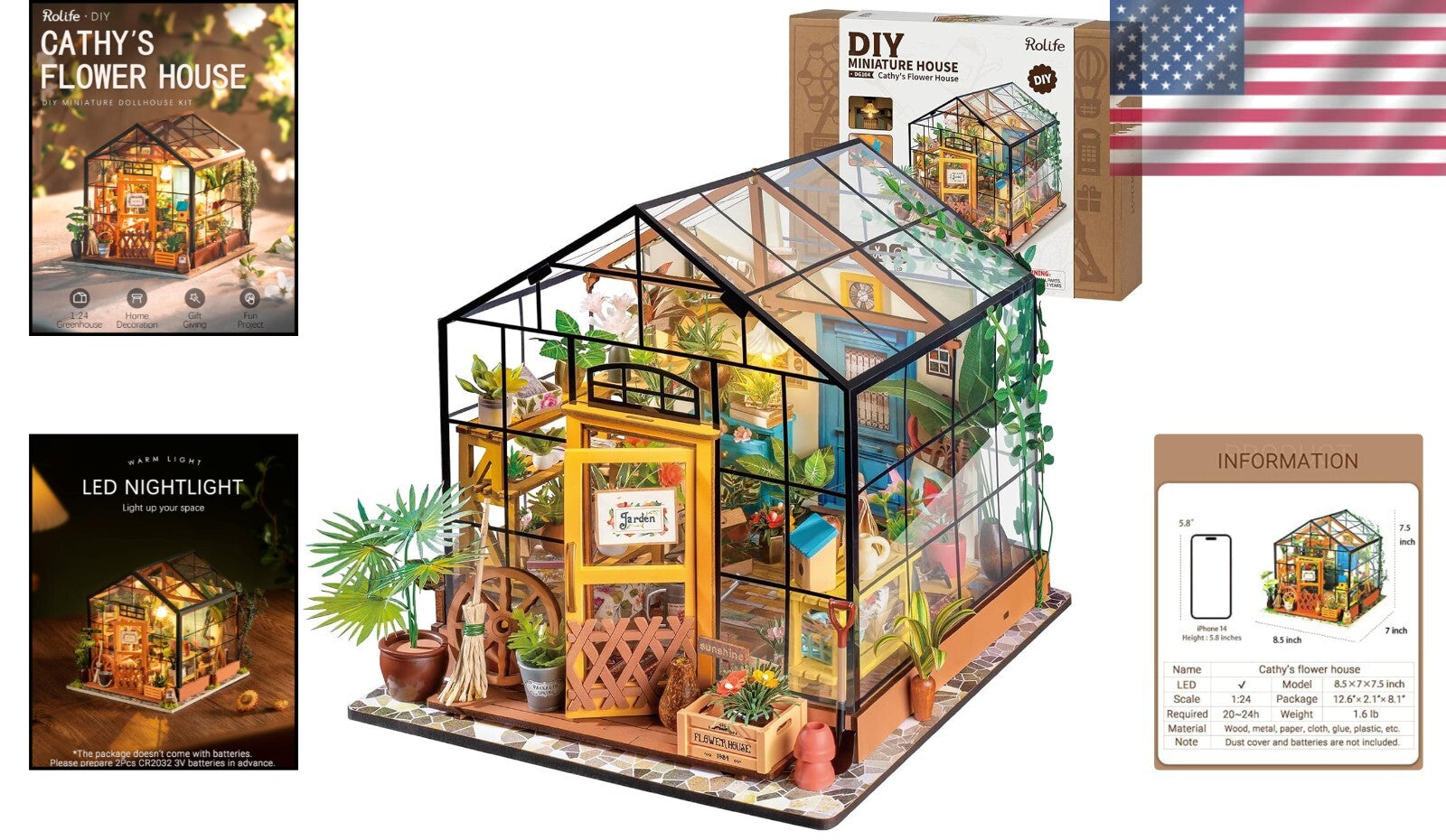 Charming Green Miniature Dollhouse Kit with Furniture & LED - 8.5x7x7.5 Inches