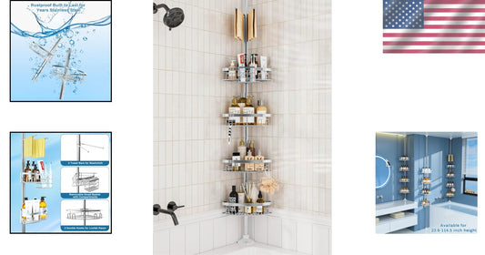 Stainless Steel Shower Corner Shelf with Adjustable Height & Towel Bar - Silver