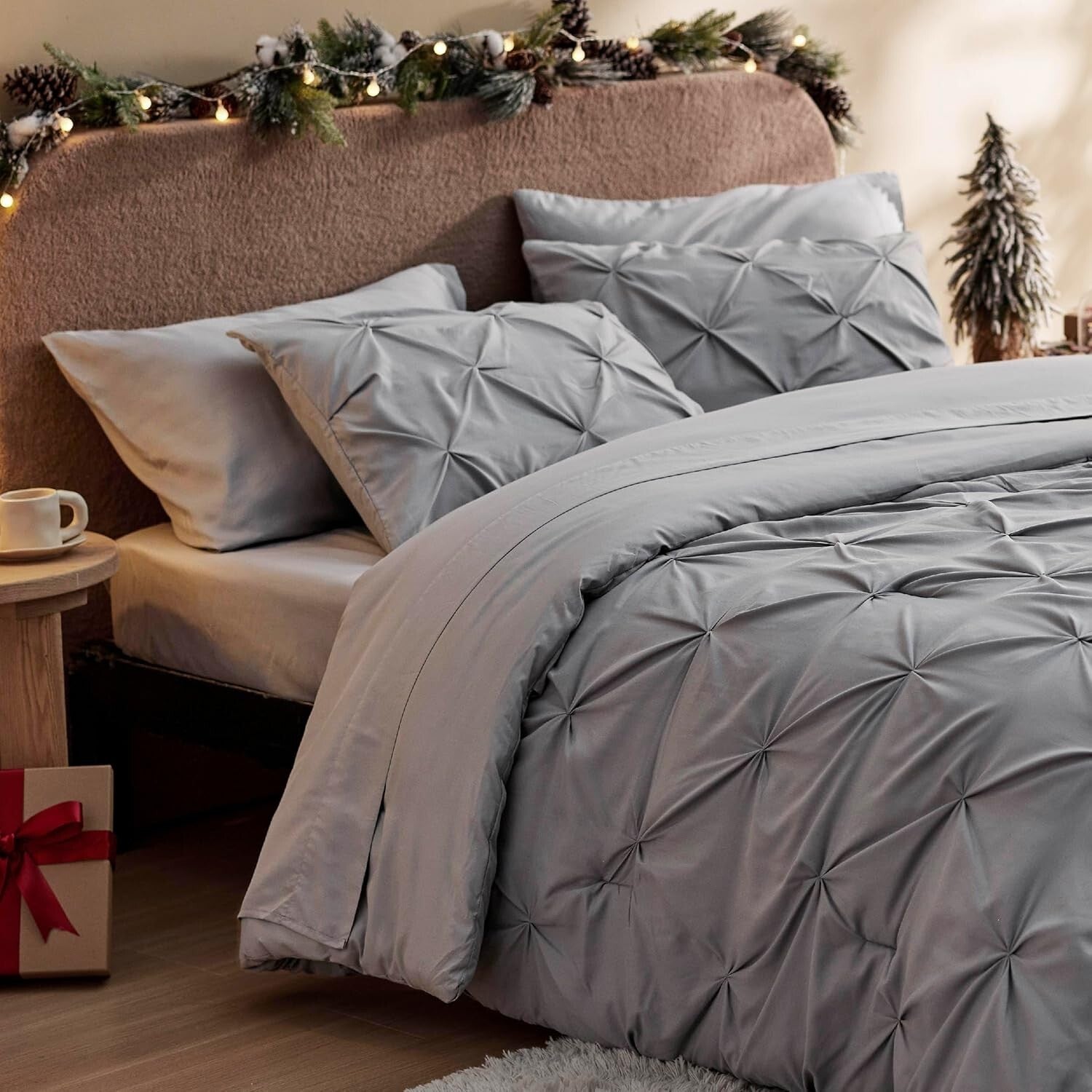Elegant King Size Comforter Set - 7 Piece Pintuck Grey Bedding Essentials