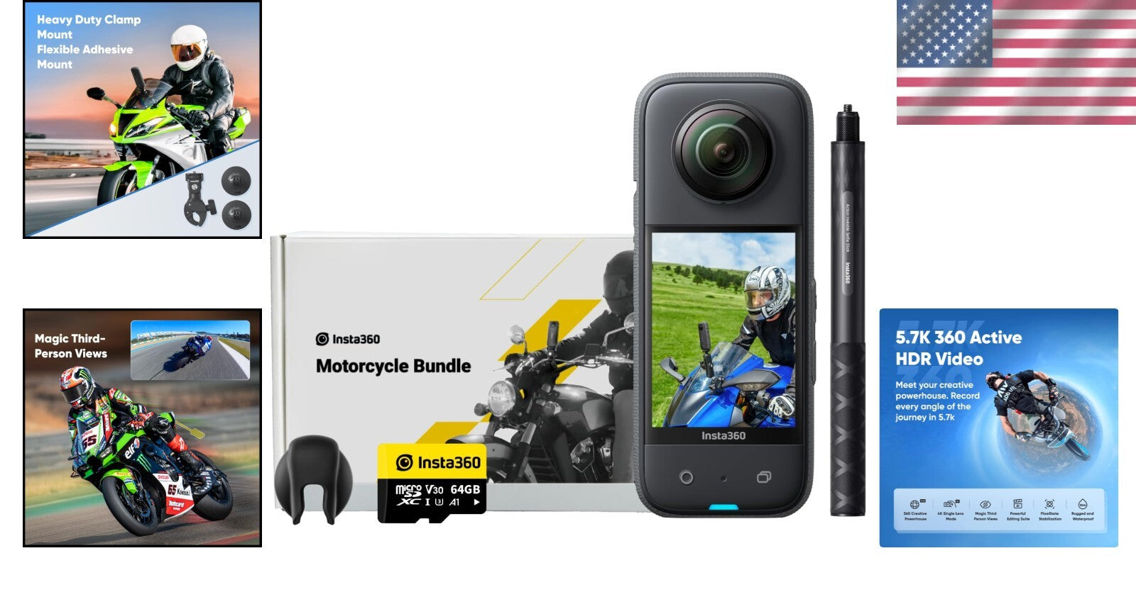 Ultimate X3 5.7K 360 Action Camera Bundle - Mounts & Selfie Stick Included