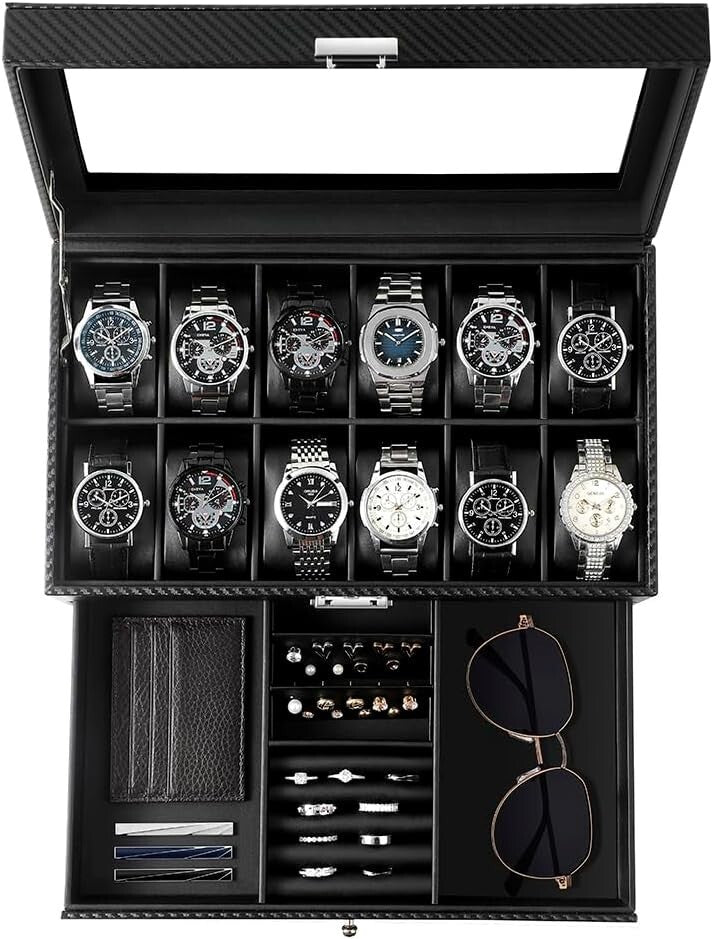 Luxury Faux Leather Watch Box – 12 Slots, Velvet Interior, Ideal Gift for Men