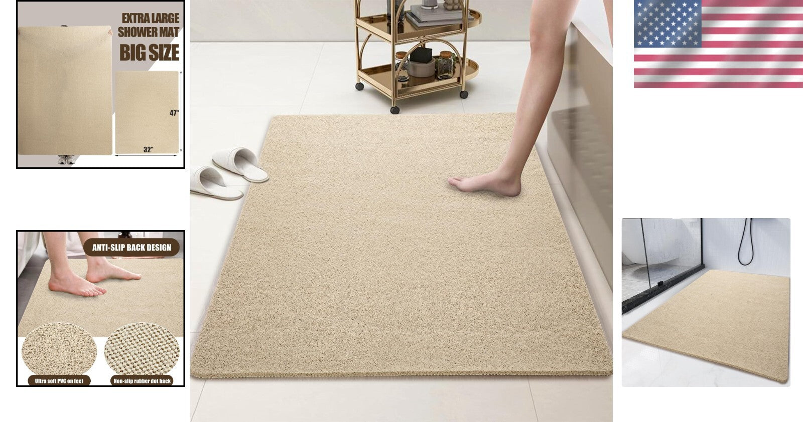 Safety First: 47'' x 32'' Exfoliating Non-Slip Shower Mat - Khaki PVC Design