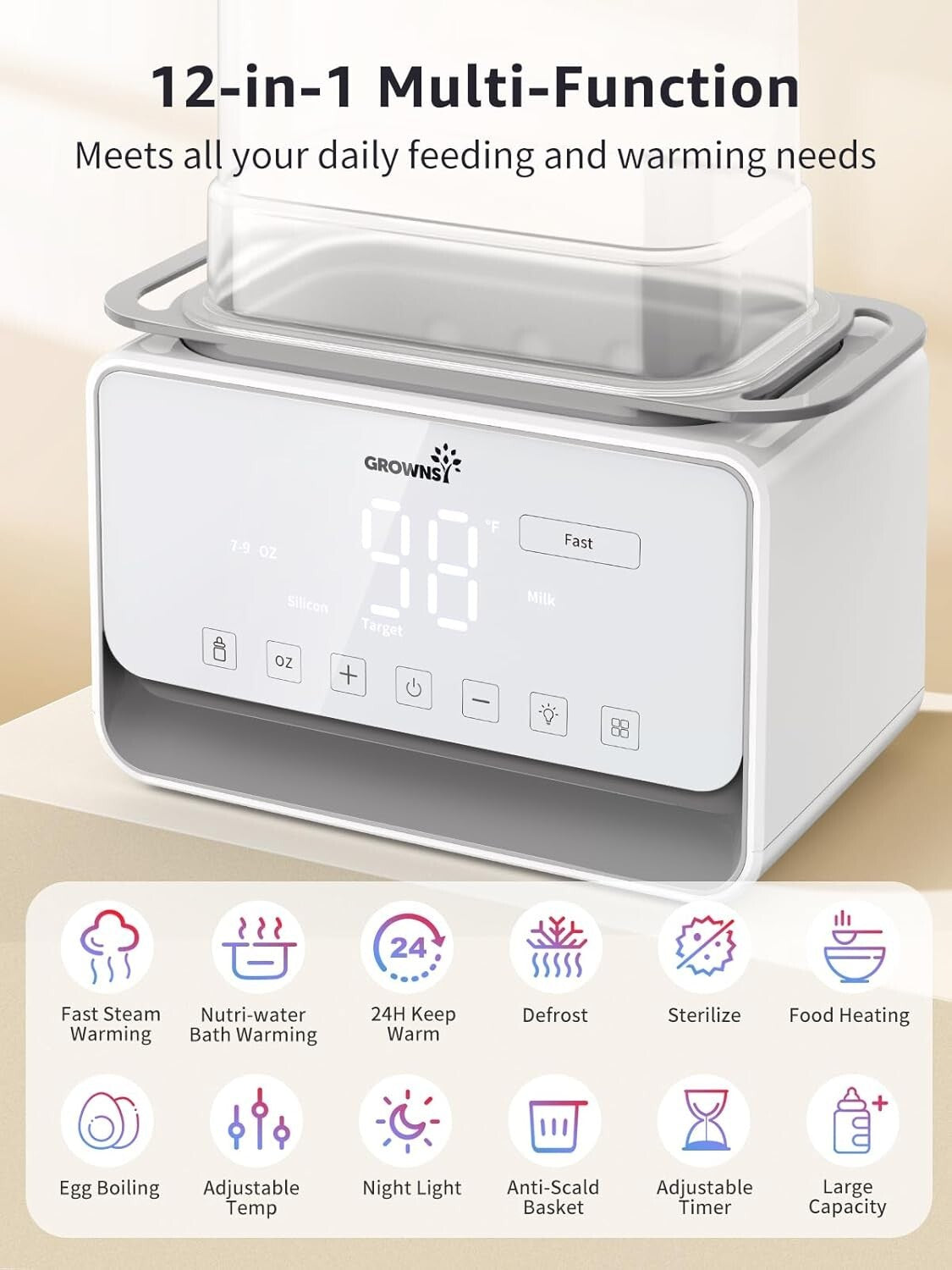 GROWSNY 12-in-1 Baby Bottle Warmer with Fast Steam & Night Light - Safe & Easy