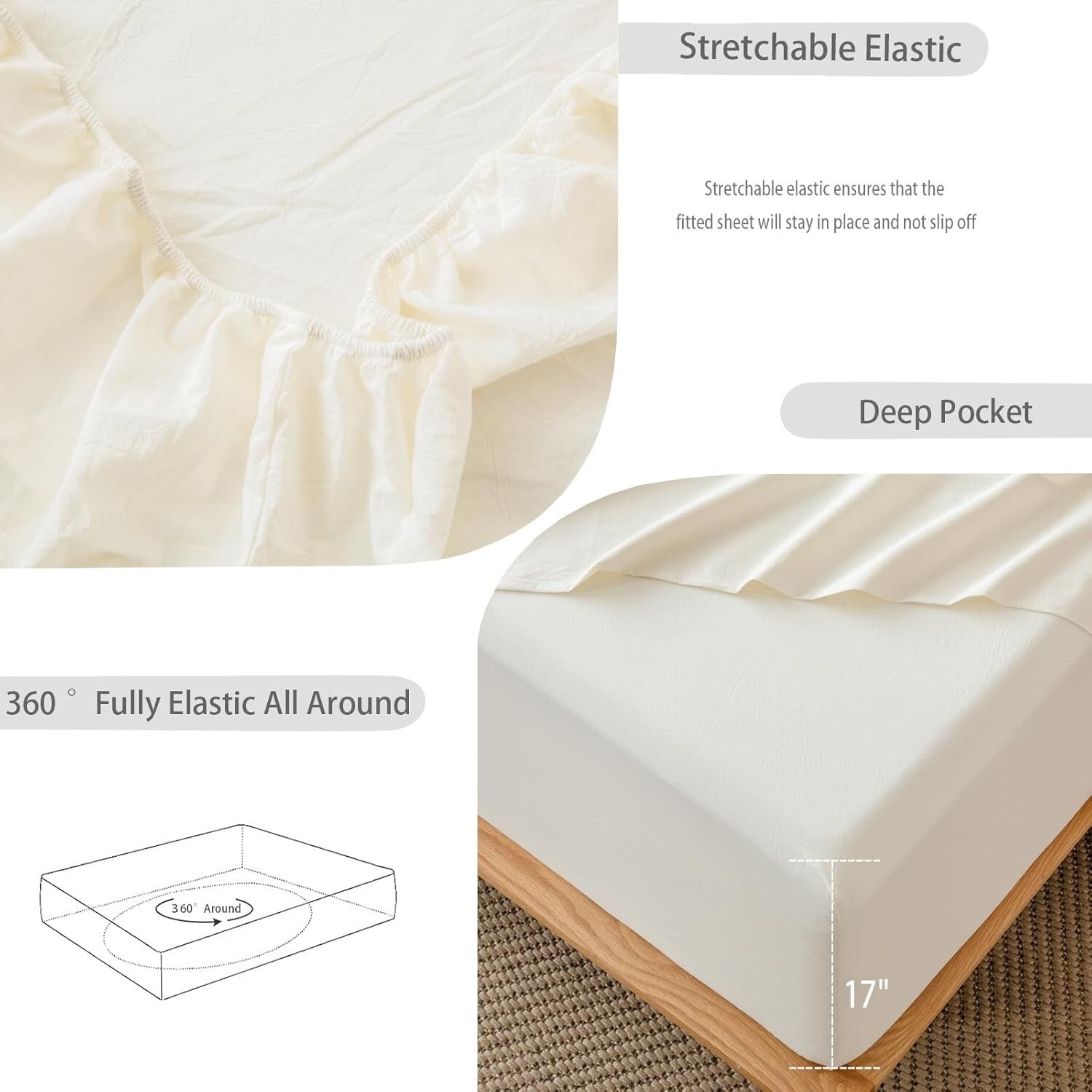 Queen Fitted Bottom Sheet - 100% Washed Cotton, Cream White, 17" Deep Pocket