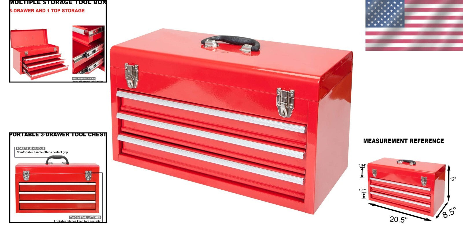 Durable 20-Inch Steel Tool Box with 3 Drawers and Smooth Ball Bearing Operation