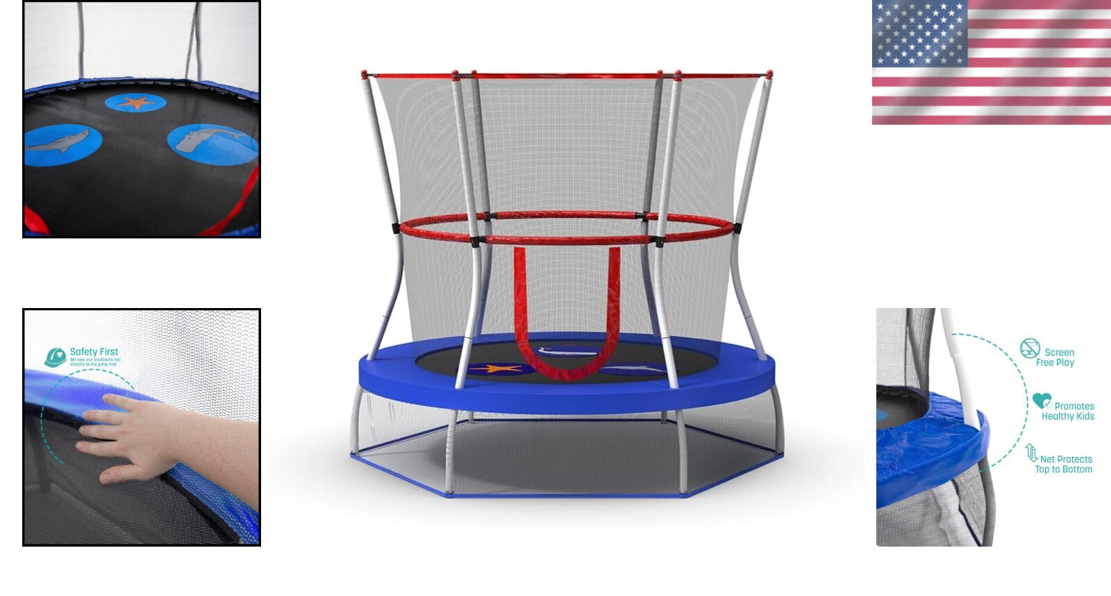 60-Inch Mini Trampoline with Safety Net for Toddlers - Sea Adventure Theme