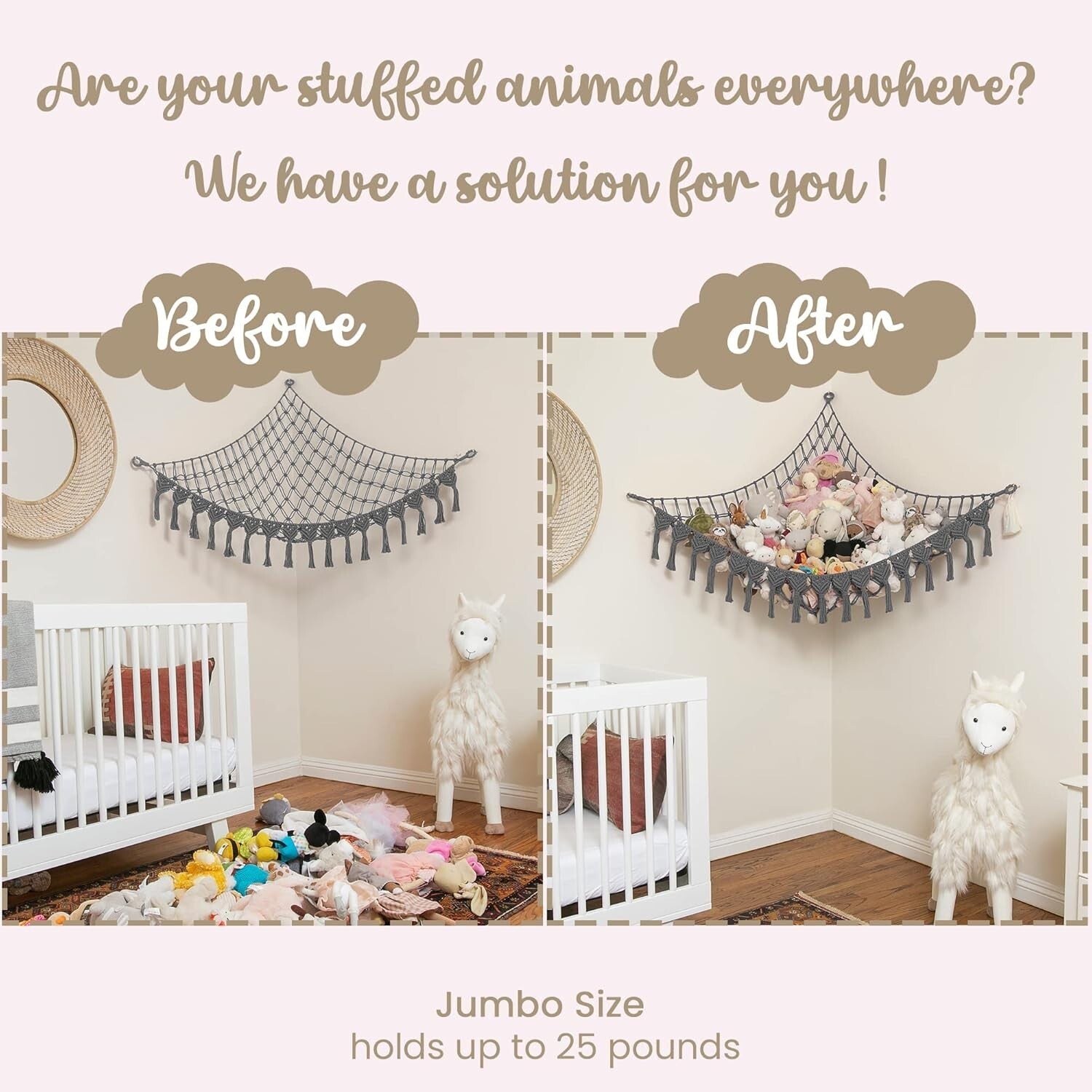 Extra Large Natural Cotton Stuffed Animal Hammock with LED Lights - Boho Storage