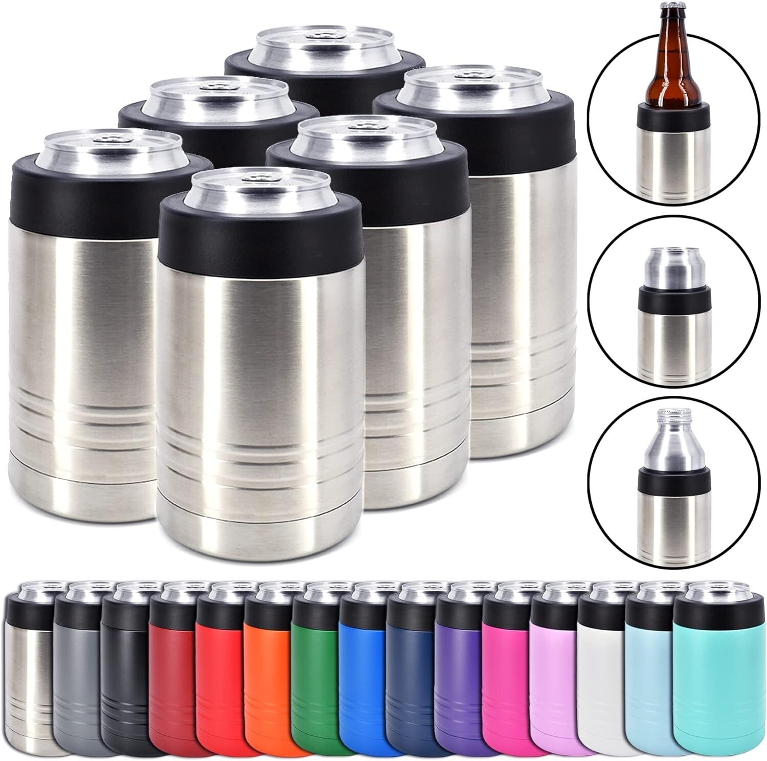 6-Pack Stainless Steel Double Wall Beverage Cooler - 12 oz Can & 16 oz Bottle