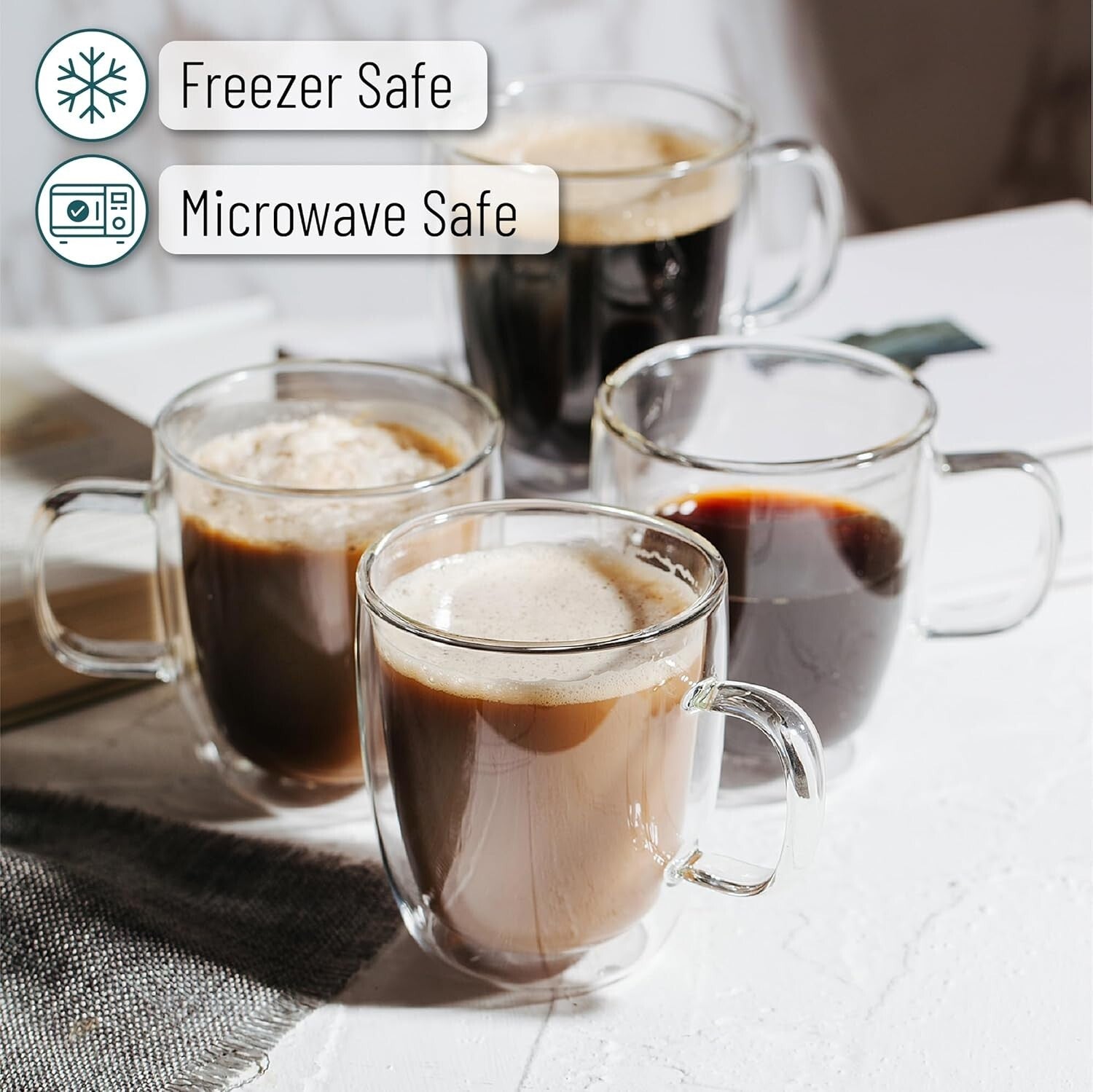 Modern Durable Double Wall Glass Coffee Mugs, 12 oz, Ideal for Hot & Cold Drinks