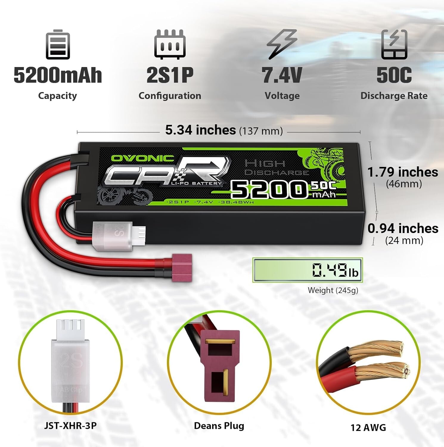 5200mAh 7.4V Lipo Battery with Deans Connector - Compatible with RC Vehicles