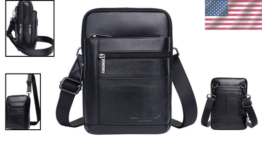 Compact Leather Messenger Bag with Multiple Pockets - Ideal for Travel & Work