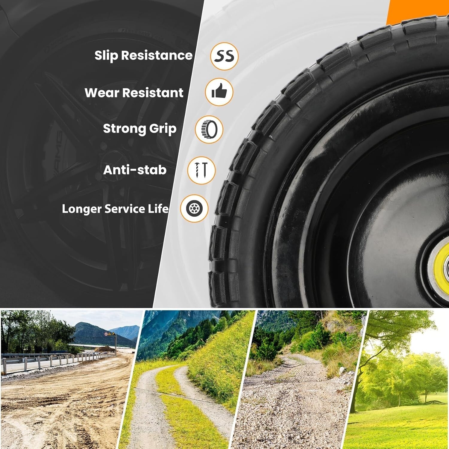 Flat-Free 13-Inch Solid Tires with Enhanced Shock Absorption for Garden Carts
