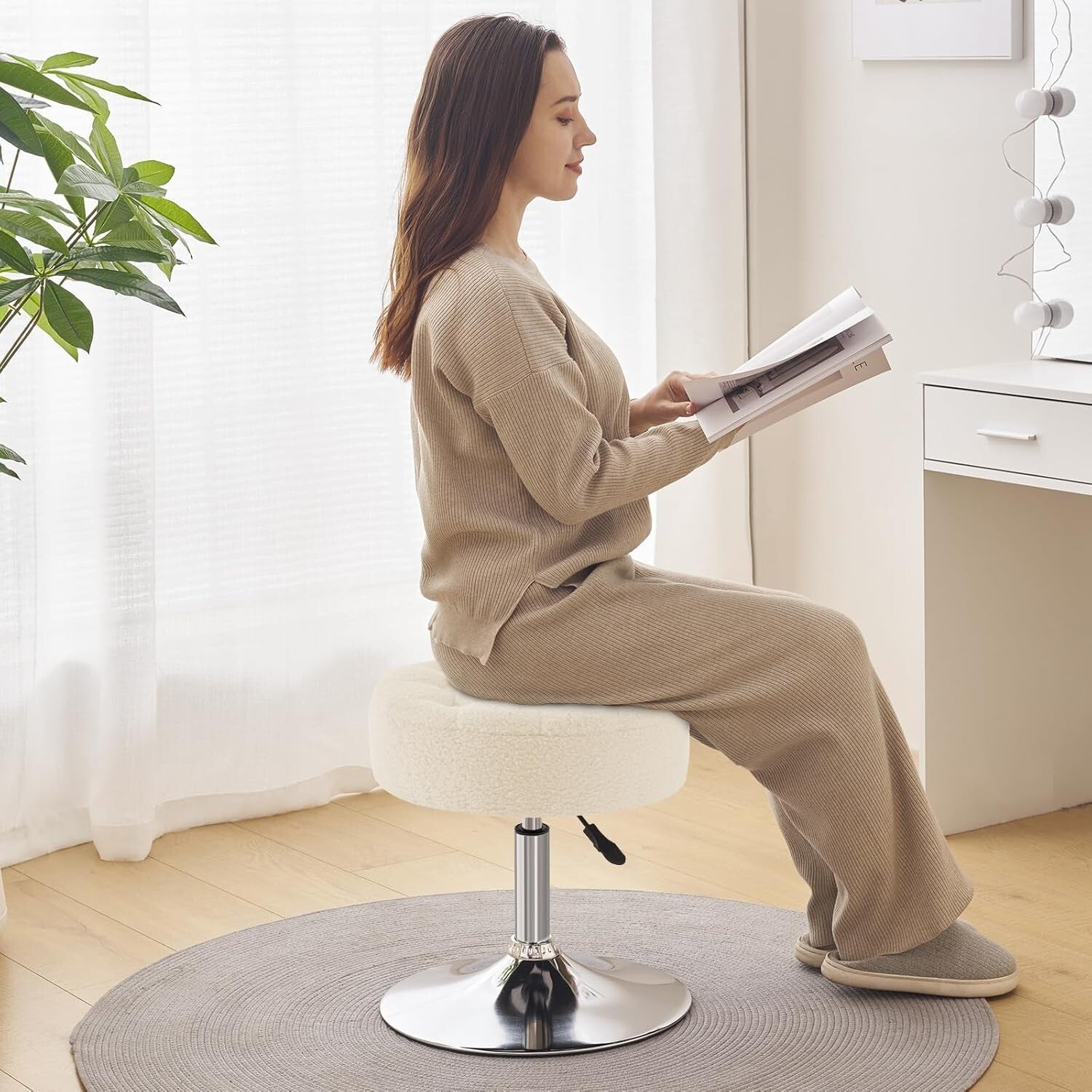 Elegant Round Makeup Vanity Stool - Adjustable Ivory White Faux Fur Ottoman