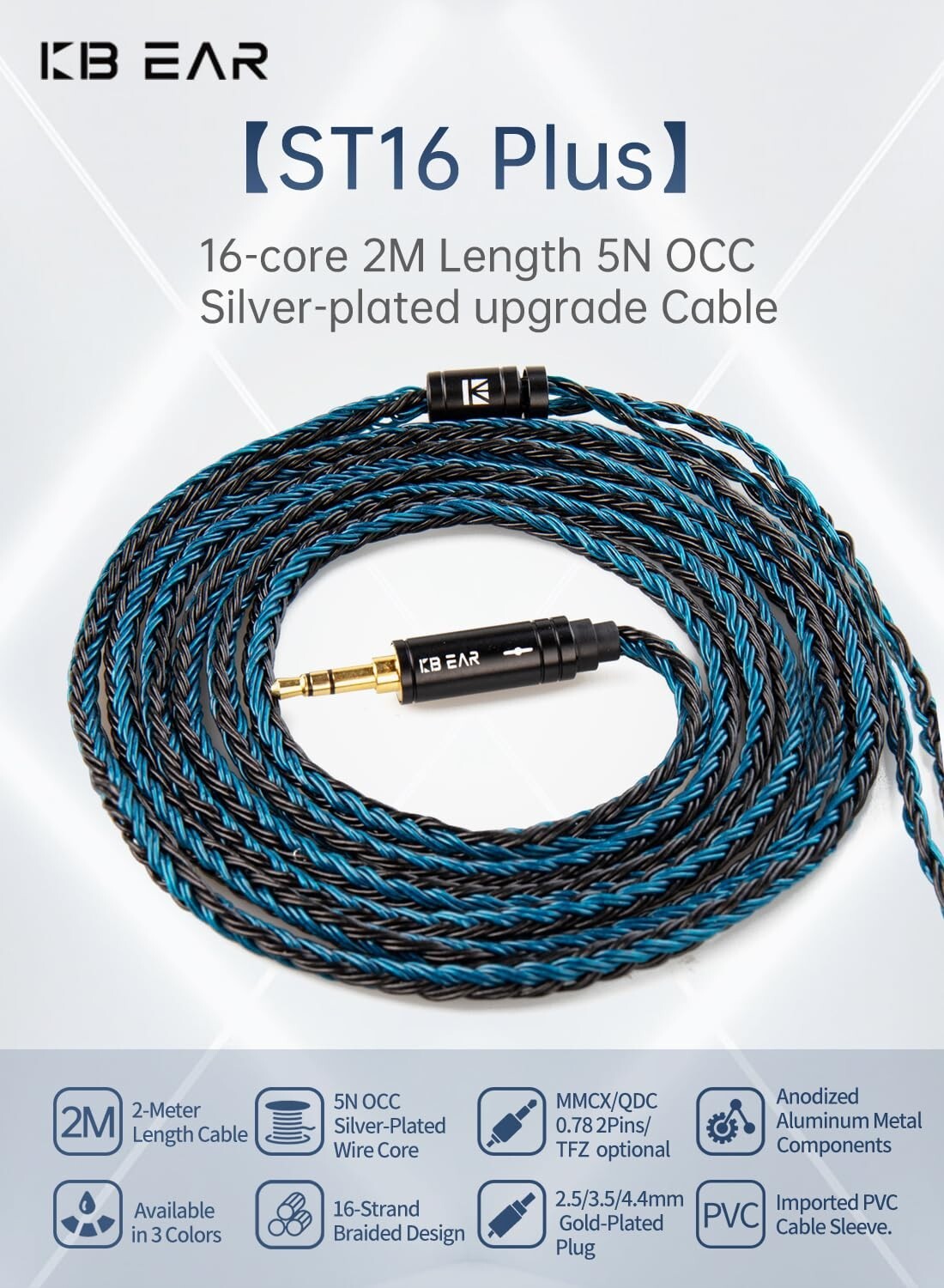 Black-Blue 2M IEM Cable - High Purity Copper-Silver, Perfect for Music Lovers