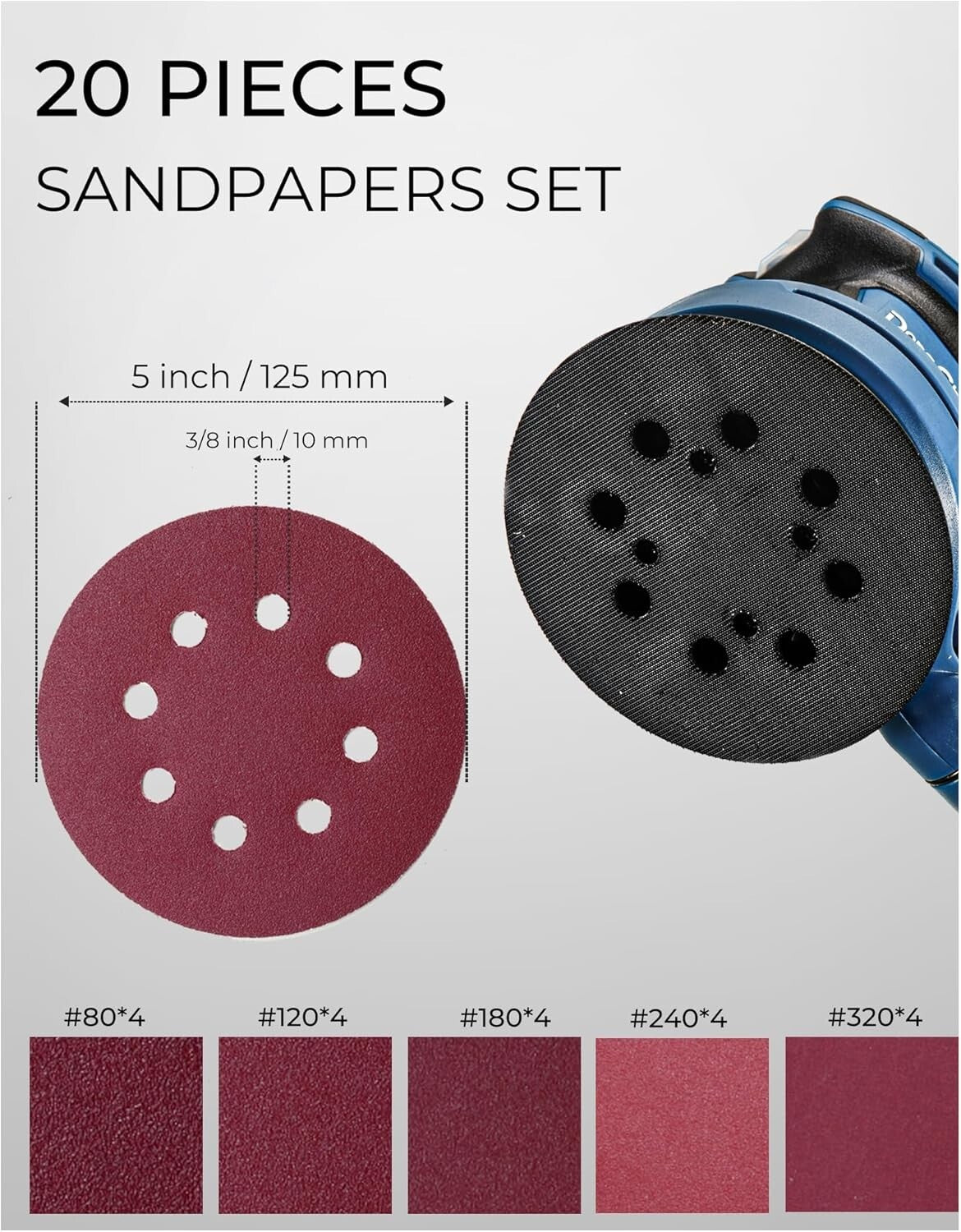 5-Inch Random Orbital Sander 380W with 20 Sandpapers & Dust Bag for Woodwork