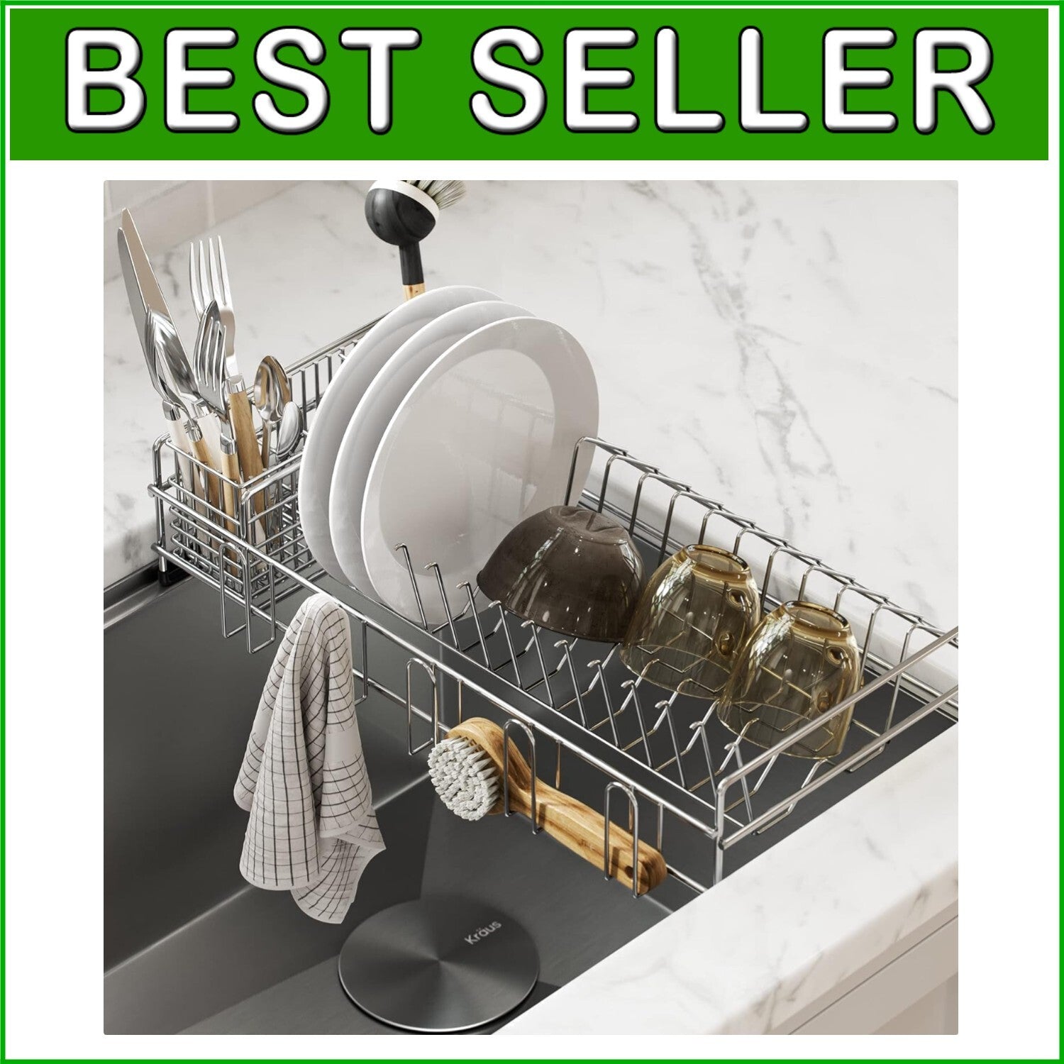 17" Stainless Steel Over Sink Dish Drying Rack with Removable Utensil Holder