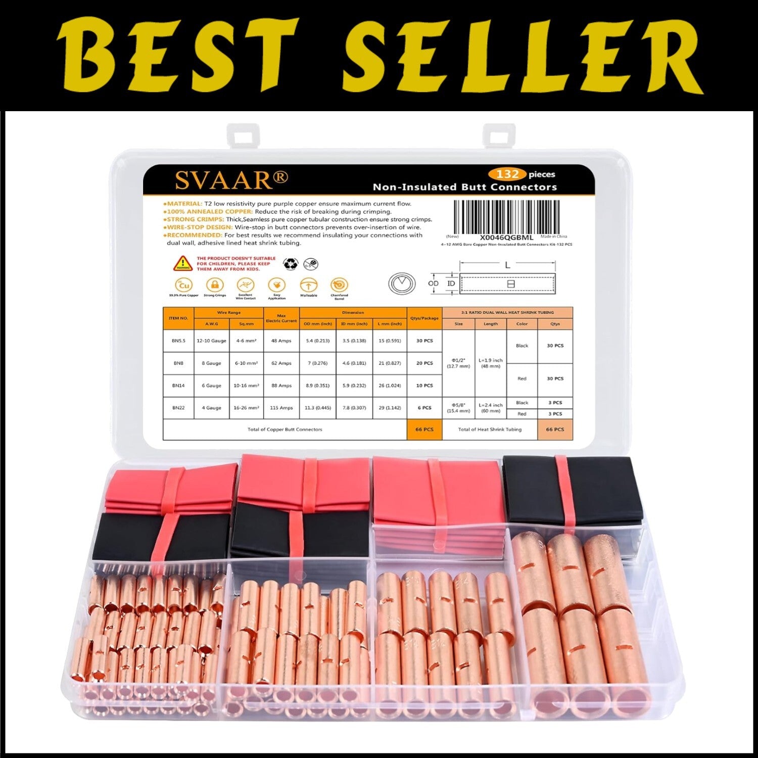 Versatile 132 PCS Non-Insulated Butt Splice Connectors - Crimp & Solder Options