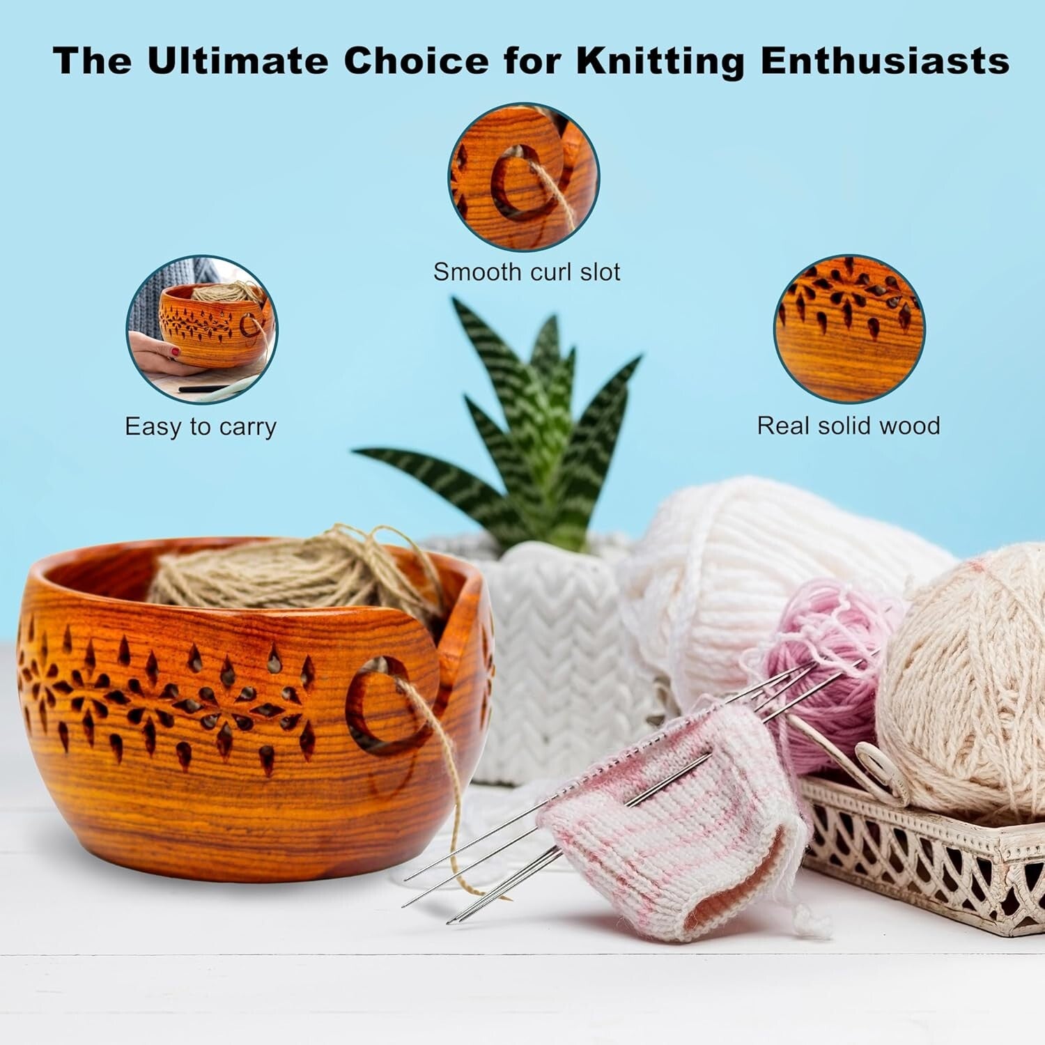 Large Round Yarn Storage Bowl in Solid Rosewood – Ideal for Knitting & Crochet