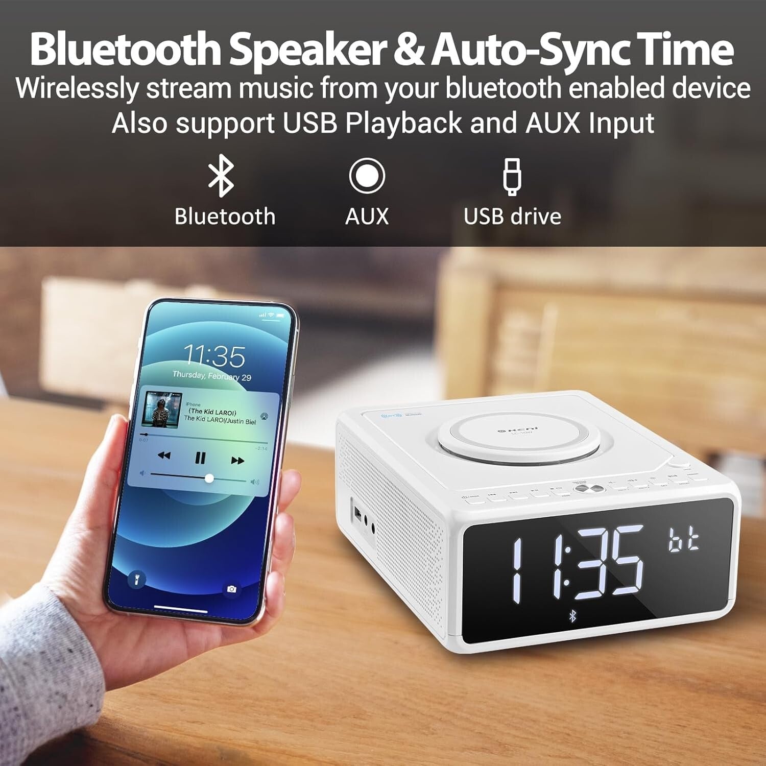 Dual Alarm CD Player Clock with FM Radio & 10W Fast Wireless Charging