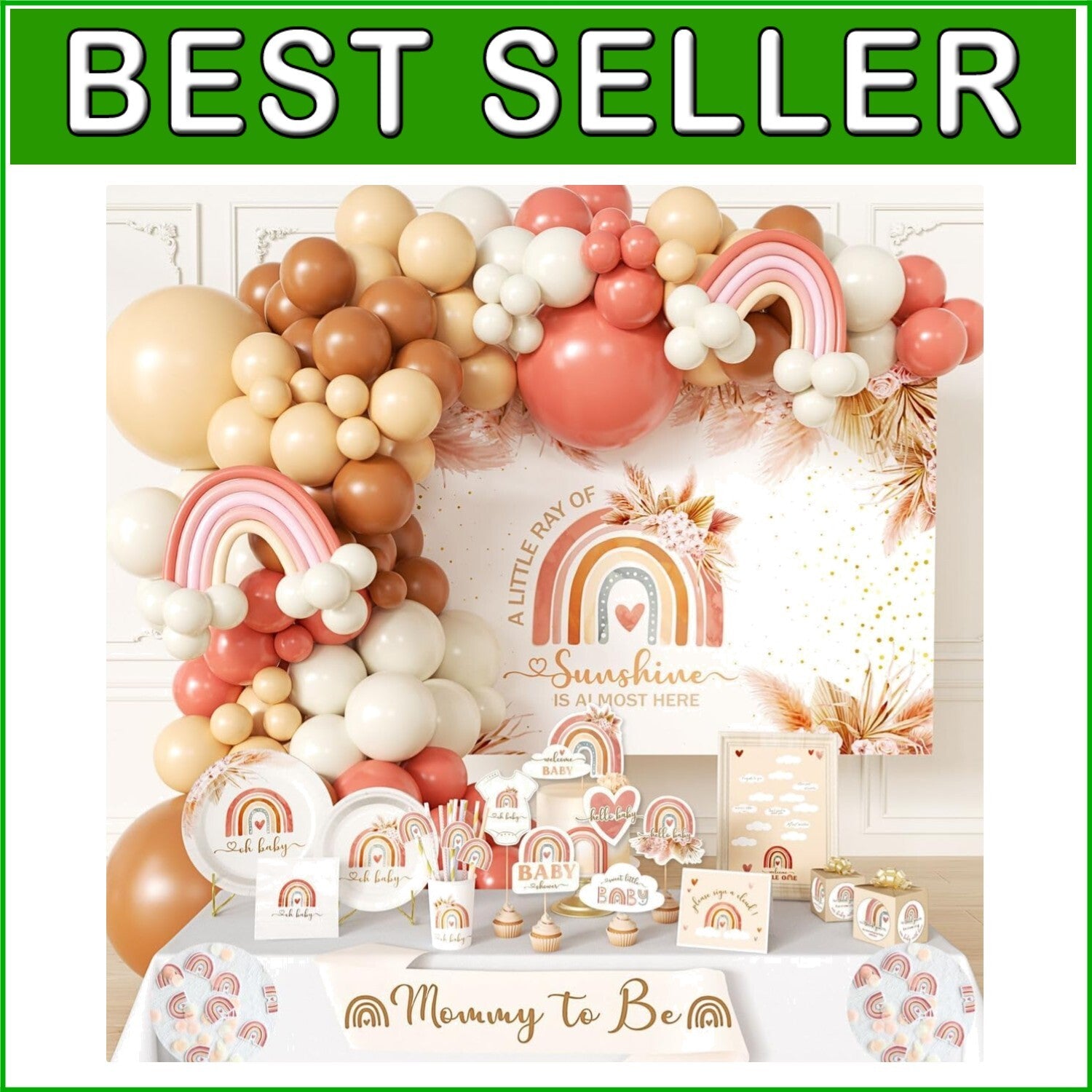 Elegant Boho Baby Shower Decorations - Complete Kit with Backdrop & Tableware
