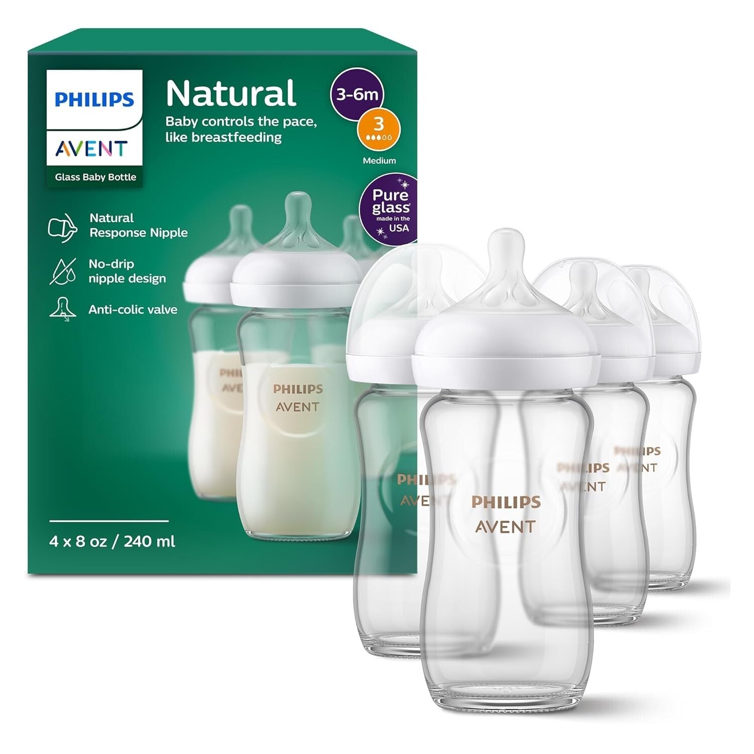 Premium Philips 8oz Glass Baby Bottles - Flow 3 Natural Response Nipples, 4-Pack