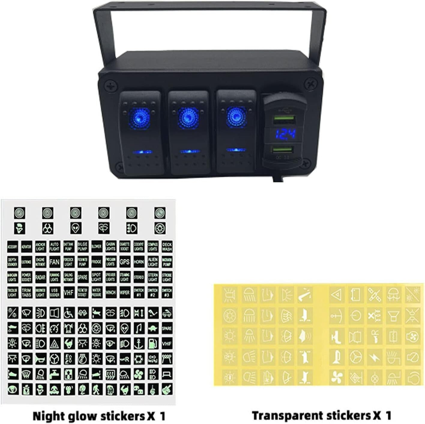 Aluminum Rocker Switch Panel with LED Voltmeter & Dual USB Charger for Boats
