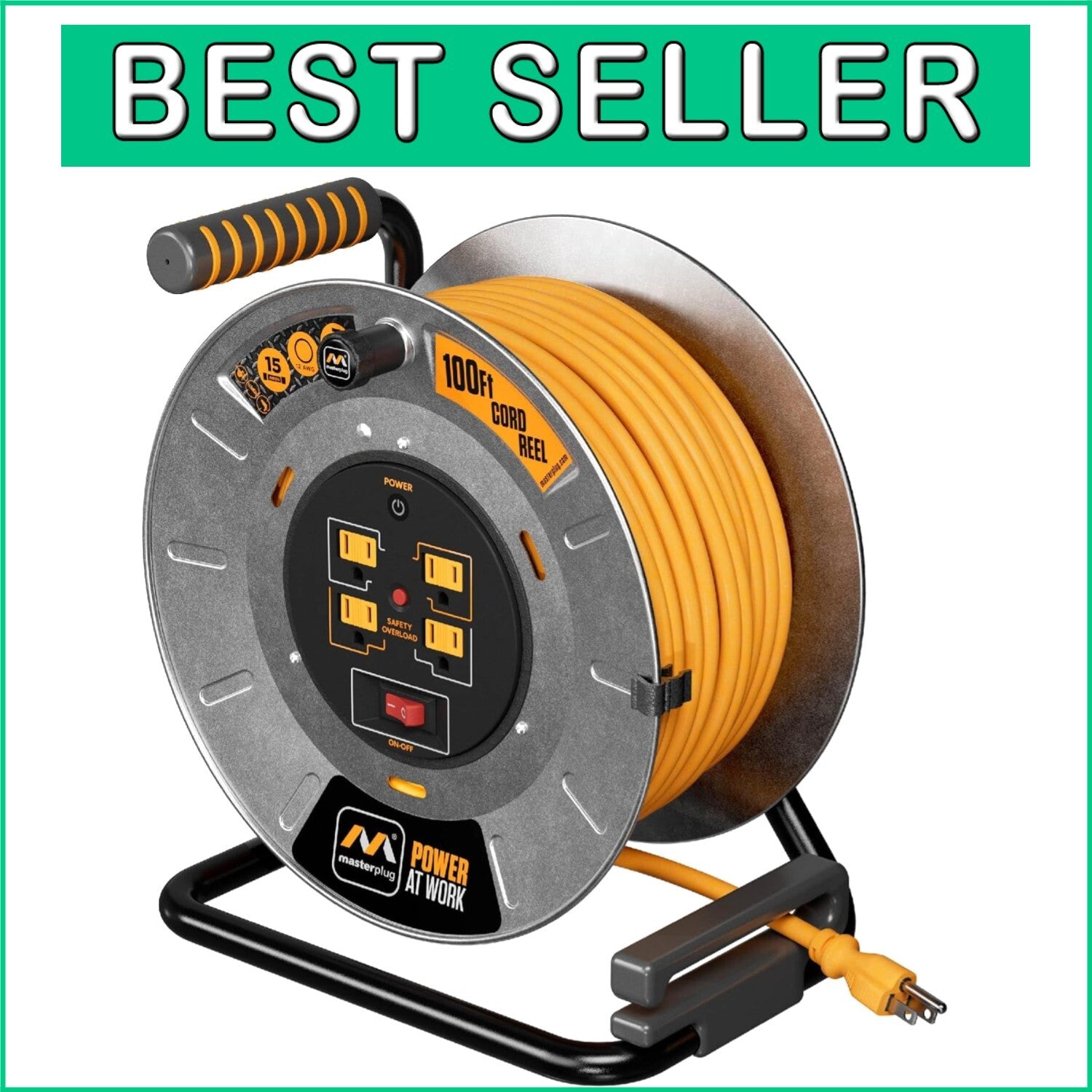 100ft Metal Cord Reel with 4 Outlets & Overload Protection - Safe Power Solution