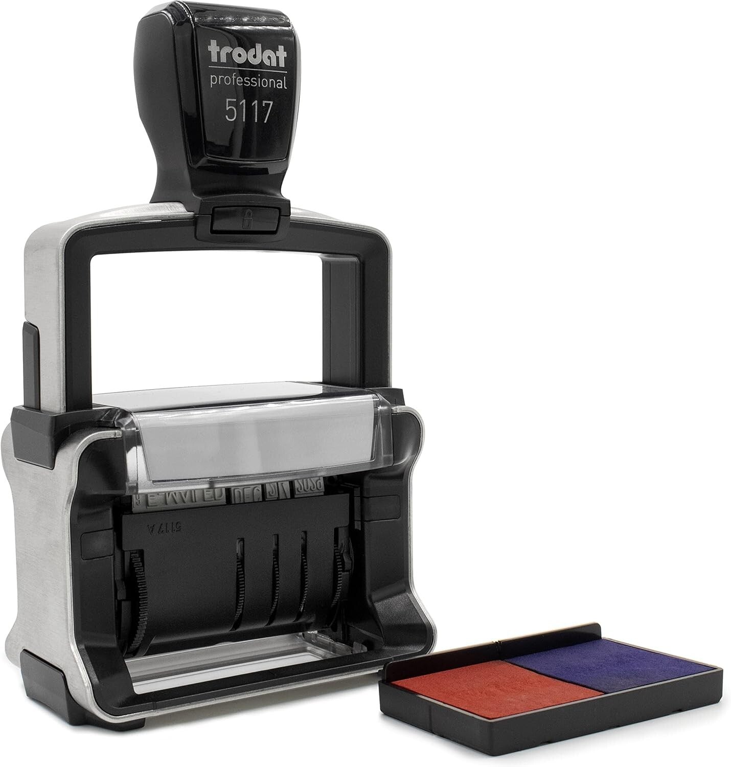 Durable 12-Message Professional Date Stamp with Built-In Ink Cover - 5117 Model