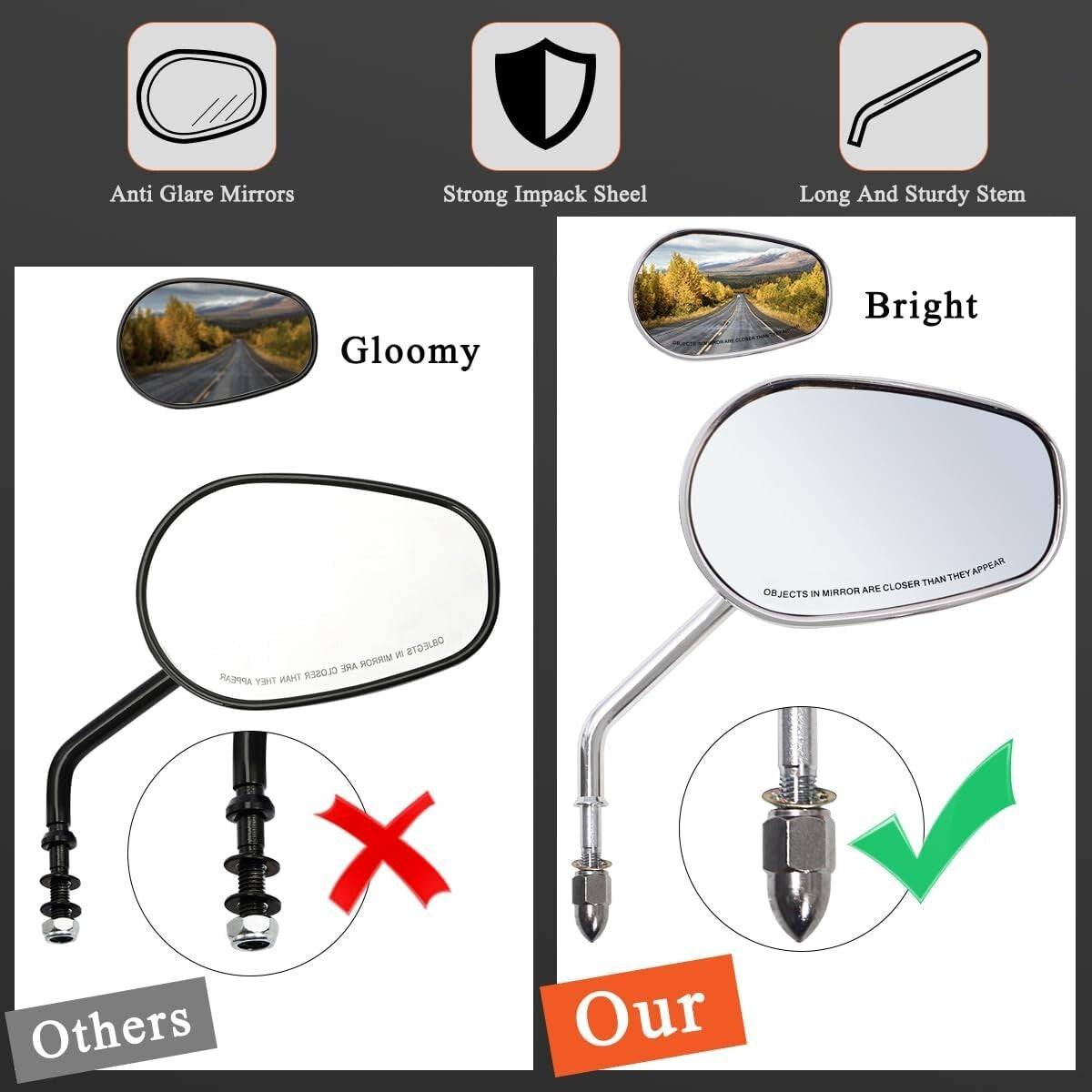 Chrome Long Stem Handlebar Mount Mirrors for 2024 Harley Models - Left & Right