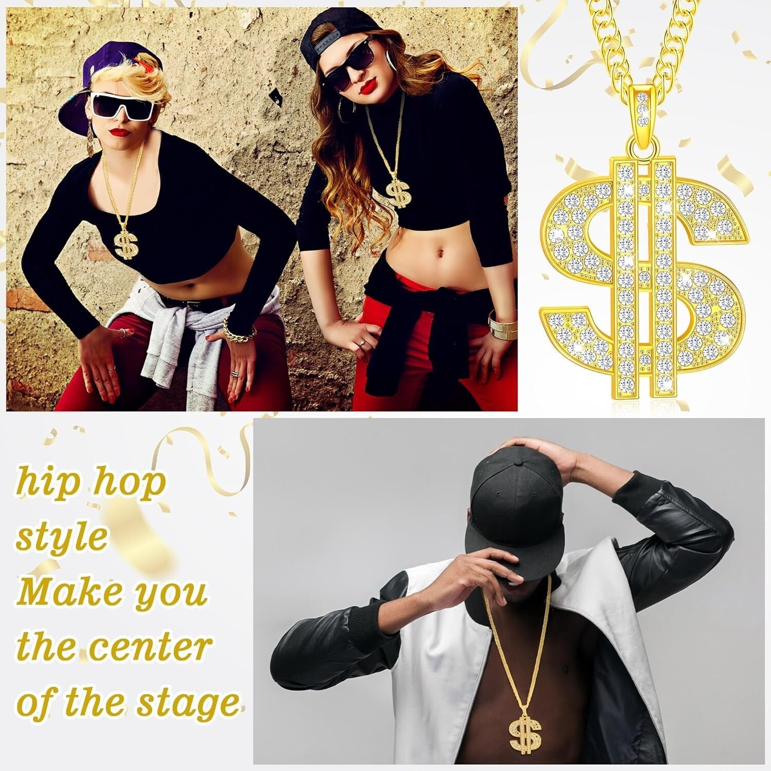 Exquisite Gold Dollar Sign Hip Hop Necklace for Casual and Costume Wear