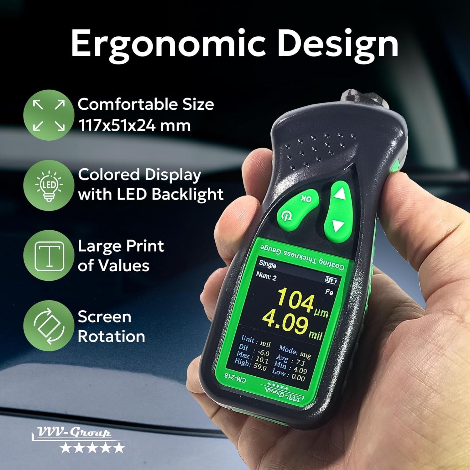 Digital Coating Thickness Gauge - Precision Paint Depth Meter with USB Recharge