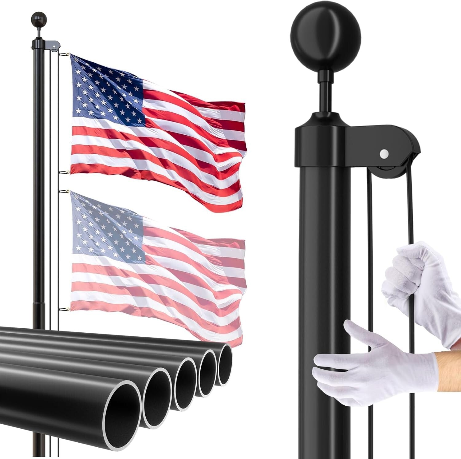 Versatile 25 FT Black Flag Pole with 3x5 Flag - Space-Saving and Elegant Design