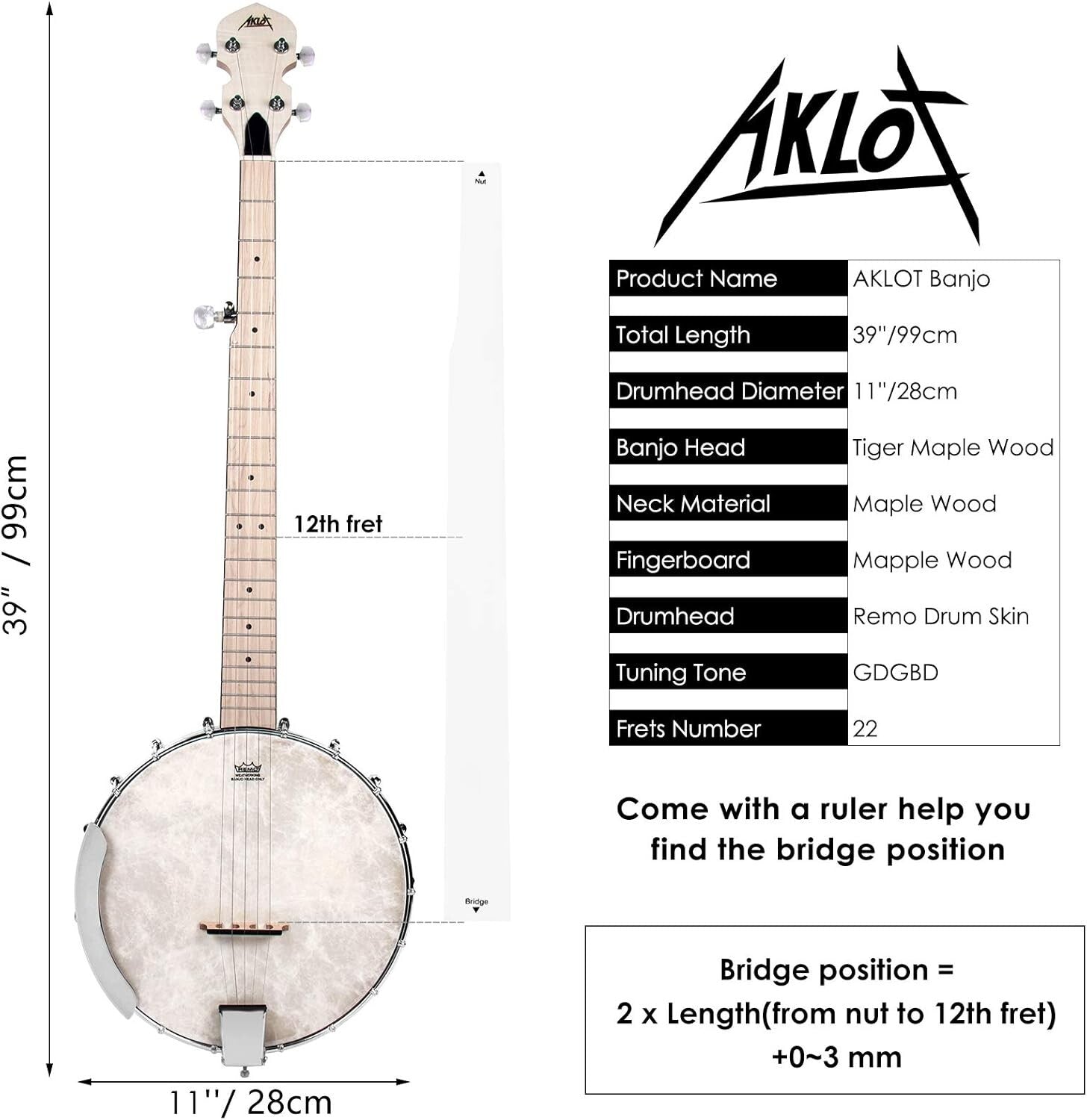 Full-Size 5-String Maple Banjo Kit with Remo Head & Accessories for All Levels