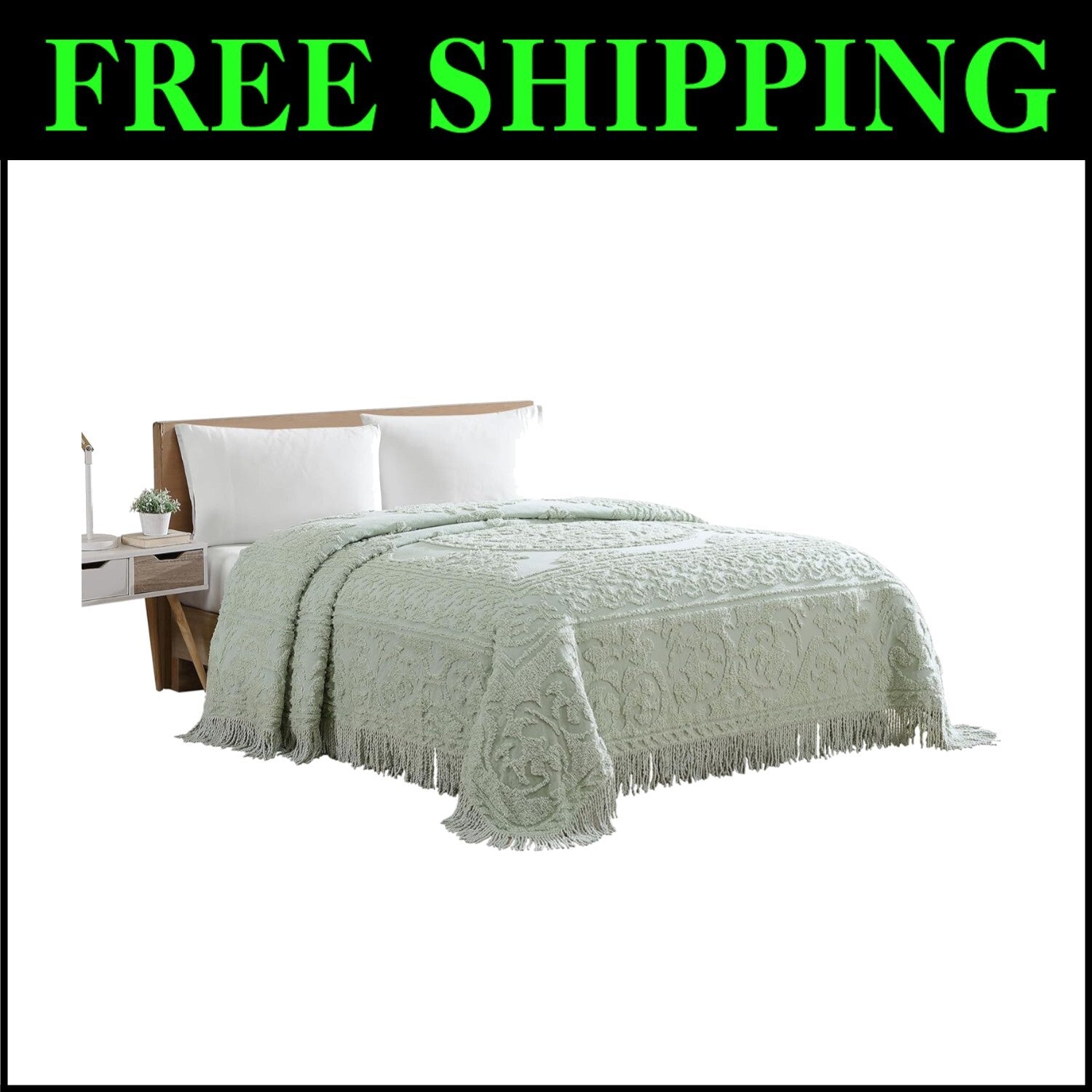 Luxurious King Size Chenille Bedspread in Sage - Traditional Medallion Design