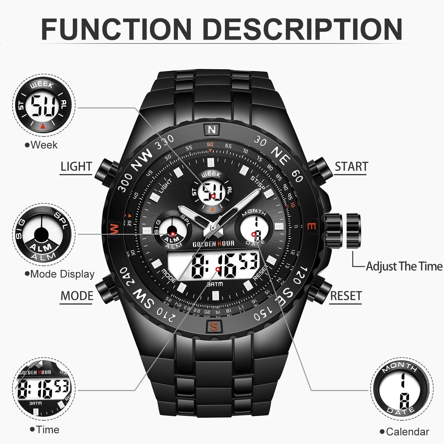 Big Face Luxury Military Watch – 3ATM Waterproof & Multi-Functional Features