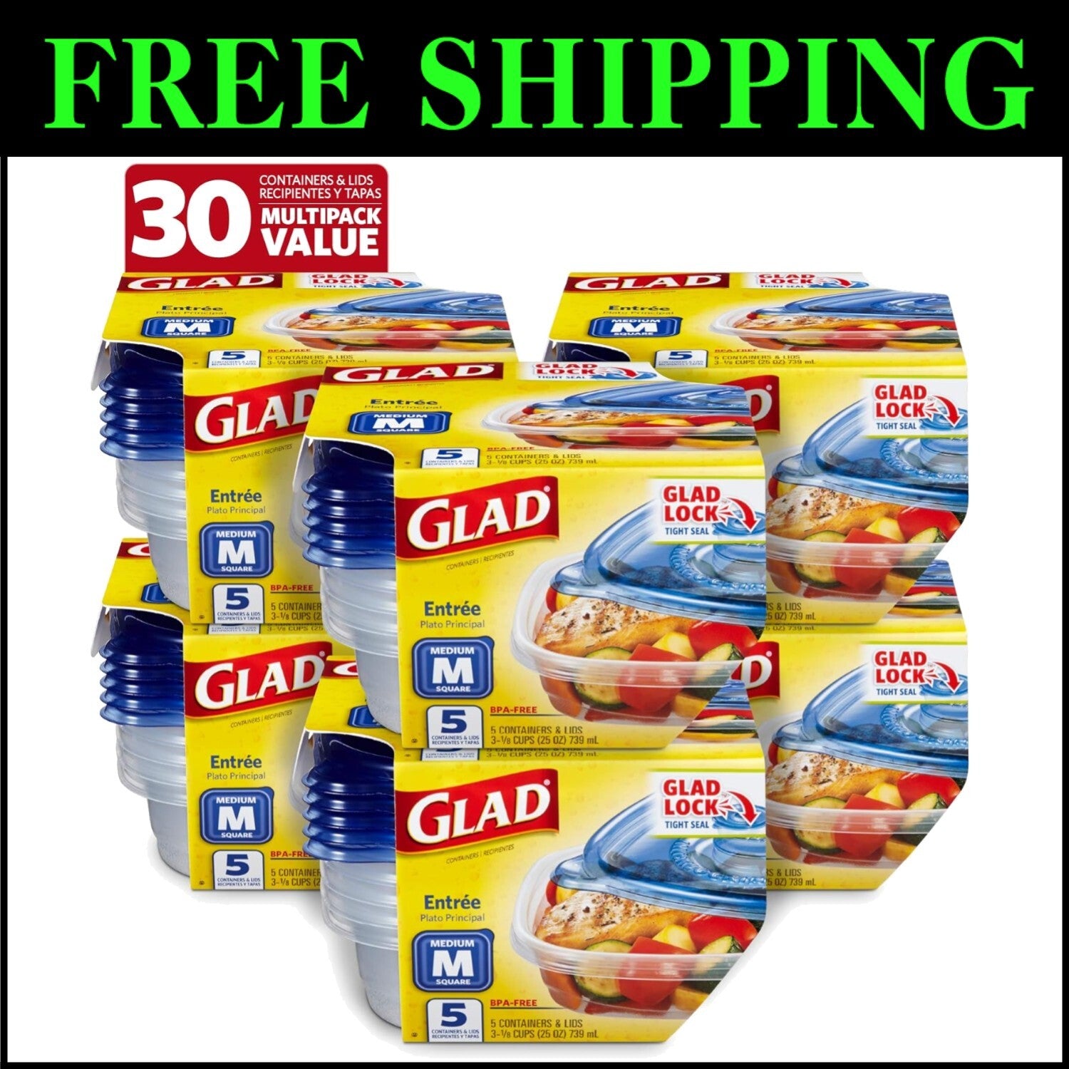 BPA-Free Modular Square Storage Containers - 30 Total: 25 Oz Each, Snap Closure