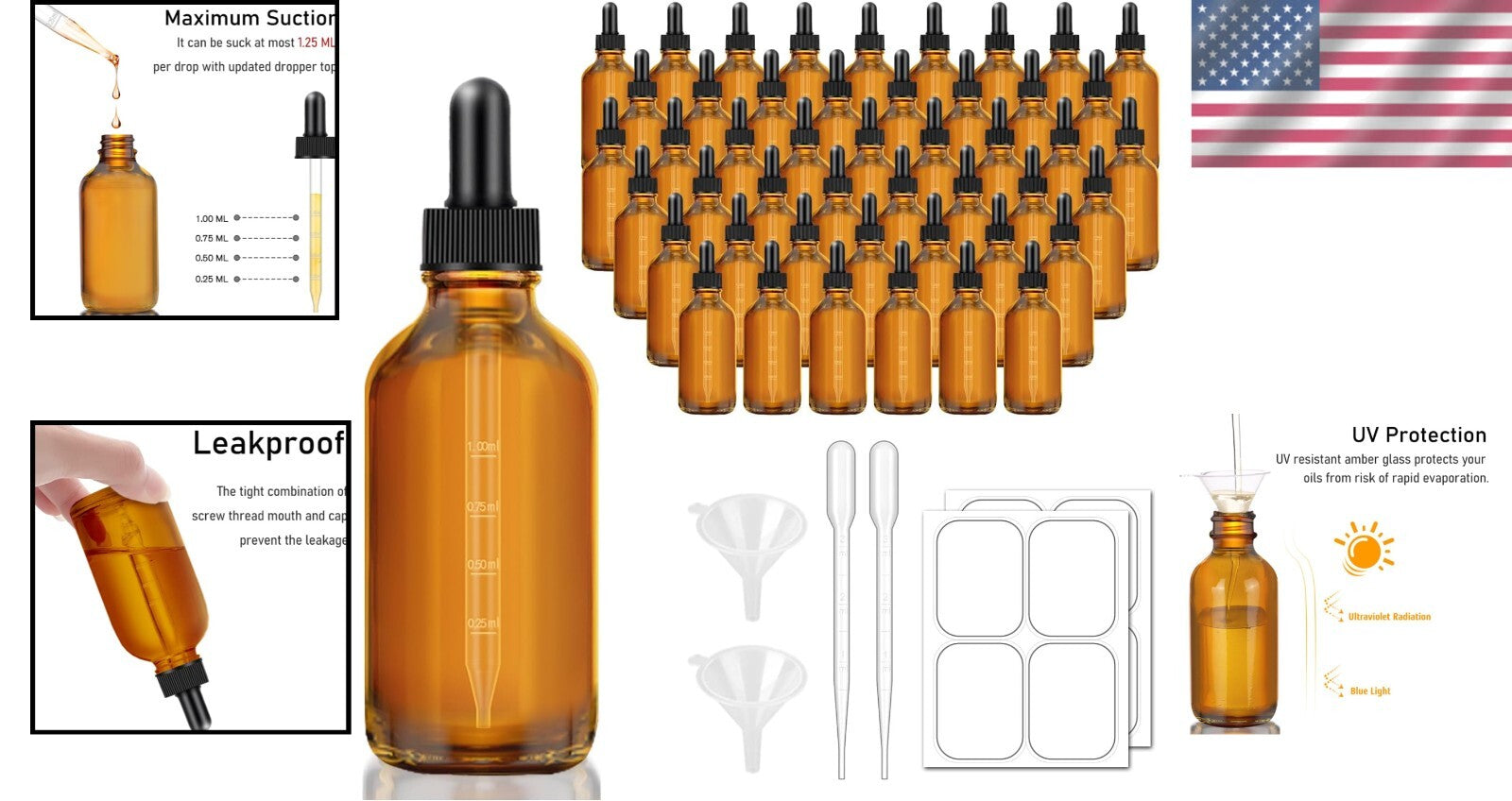 Bulk 48 Pack of 4 oz Leakproof Amber Glass Dropper Bottles with Labels & Funnels