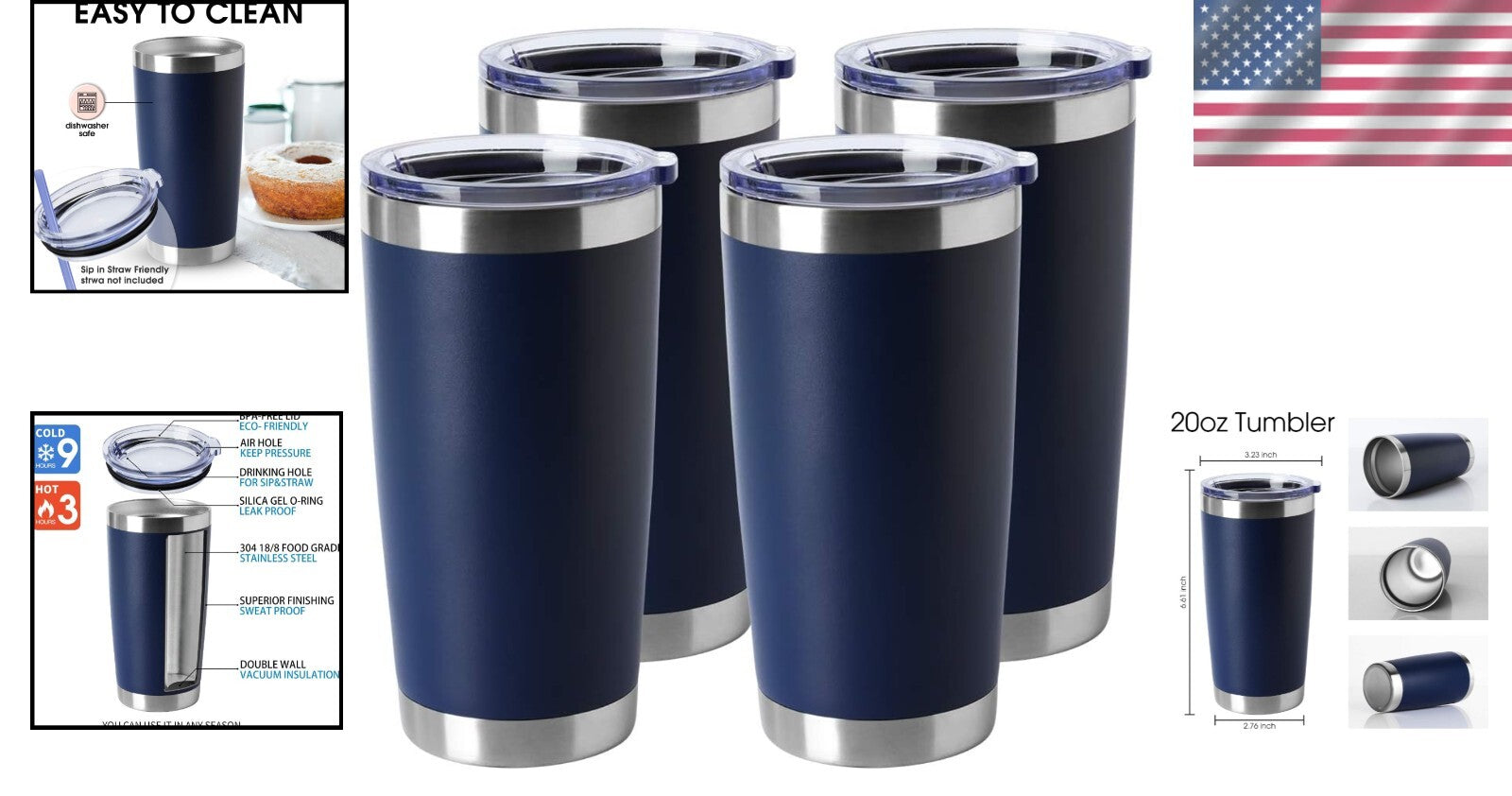 20oz Navy Travel Tumblers - 4-Pack Stainless Steel Insulated Cups for Hot & Cold