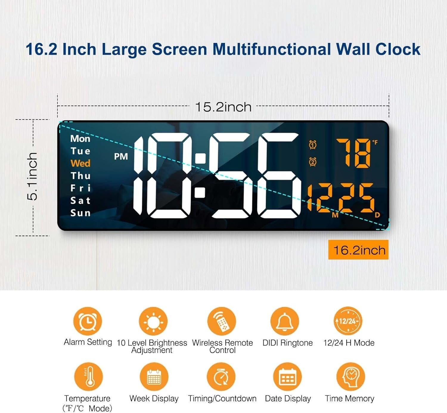 Stylish 16.2 Inch LED Wall Clock – Modern Design with Remote Control Features
