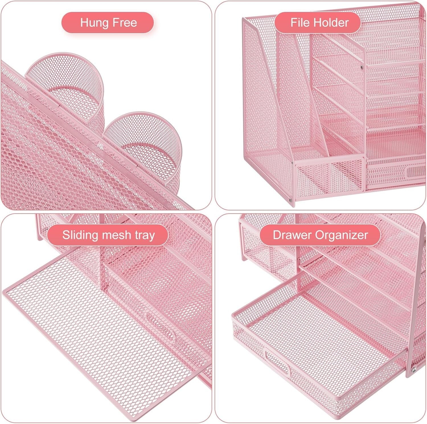 Elevate Your Office with a 5-Tier Pink Mesh Desk Organizer and Storage Drawer
