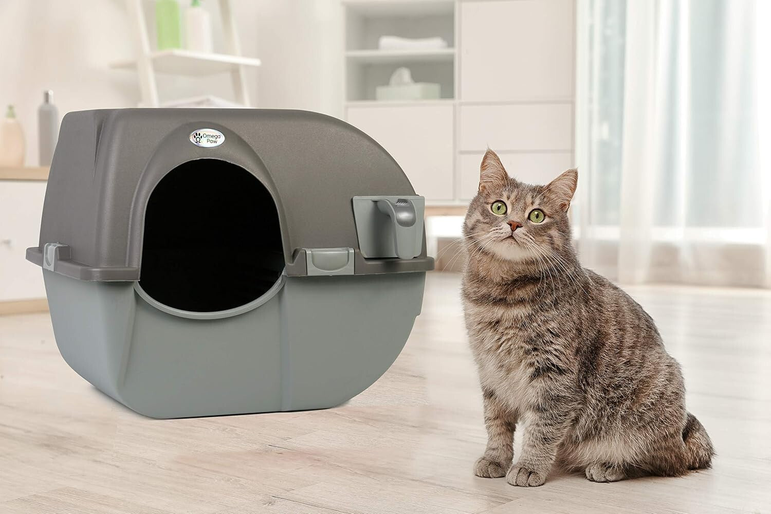 Effortless Grey Litter Box for Small to Medium Cats - No Electricity Needed