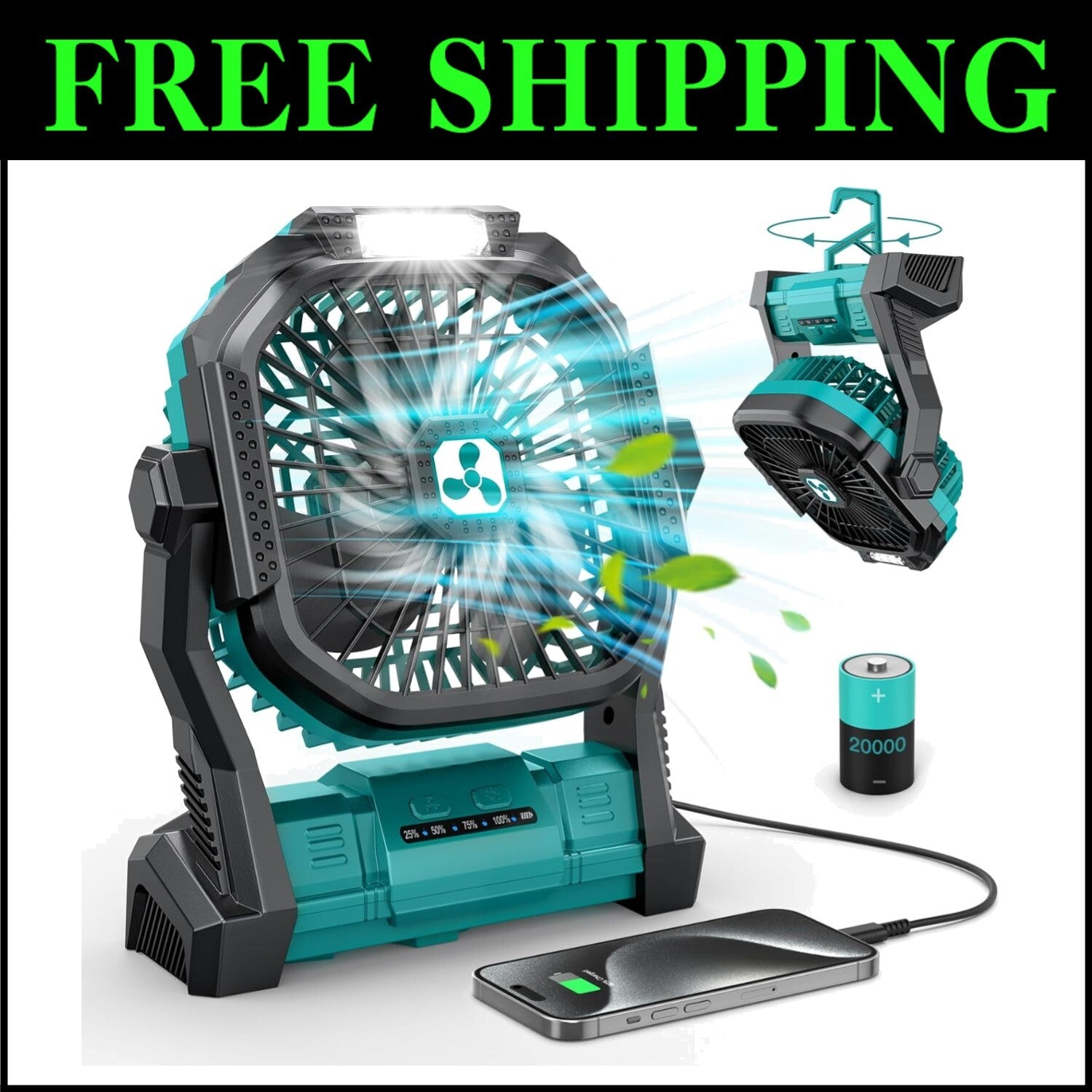 Ultra-Quiet 4-Speed Portable Fan with 3 Brightness Levels for Camping Adventures